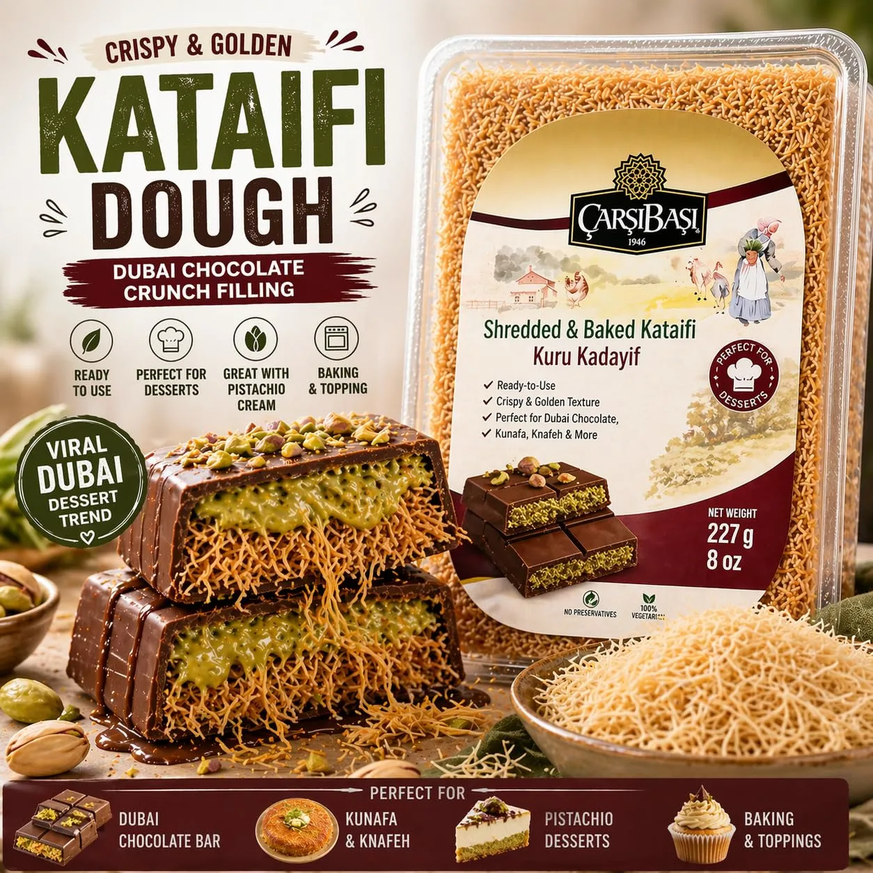 Kataifi Shredded Phyllo Dough (8 oz) – Crispy Ready-to-Use Kadayif for Kunafa & Pistachio Cream, Ideal for Dubai Chocolate Filling Dessert Topping – Çarşıbaşı