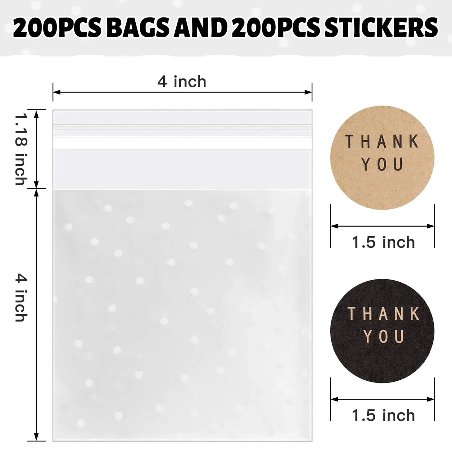 NPLUX 200PACK Self Sealing Cellophane Treat Bags Clear Cookie Bags for Gift Giving with Stickers, Mothers Day Party Favors(White Polka Dot, 4X4INCH)