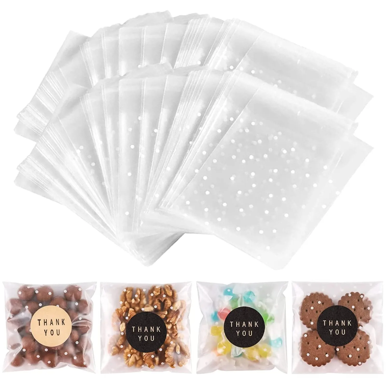NPLUX 200PACK Self Sealing Cellophane Treat Bags Clear Cookie Bags for Gift Giving with Stickers, Mothers Day Party Favors(White Polka Dot, 4X4INCH)