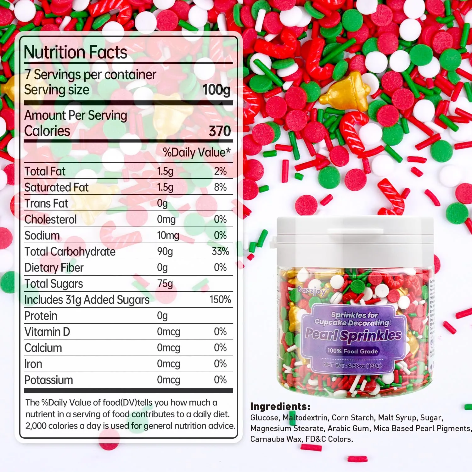 Christmas Sprinkles, Edible Confetti Round, Gold Sprinkles for Cupcake Decorating, Edible Christmas Cake Decorations, Cupcake Toppers, 130g/4.58oz