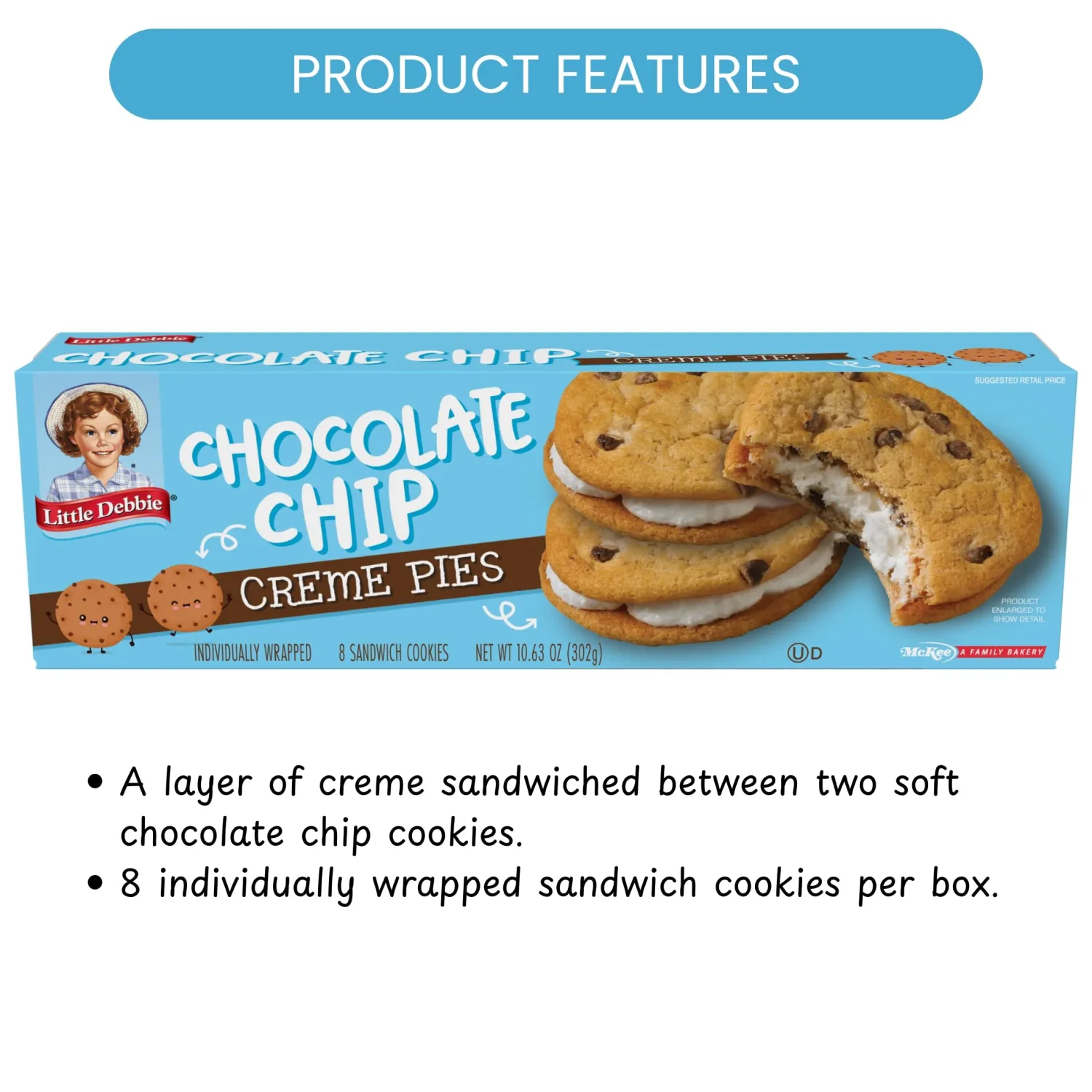 Little Debbie Chocolate Chip Creme Pies, 8 Individually Wrapped Sandwich Cookies, 10.63 OZ Box