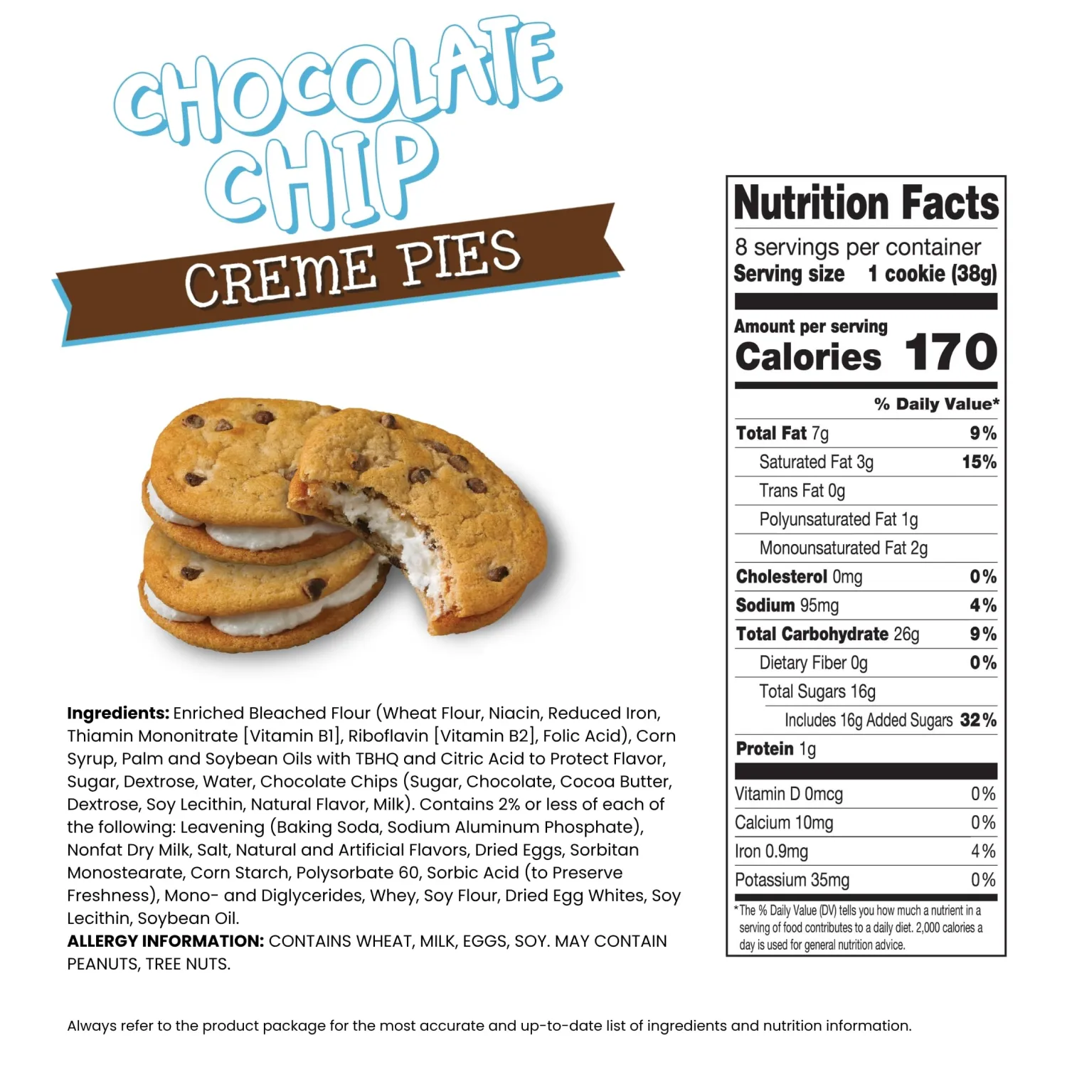 Little Debbie Chocolate Chip Creme Pies, 8 Individually Wrapped Sandwich Cookies, 10.63 OZ Box