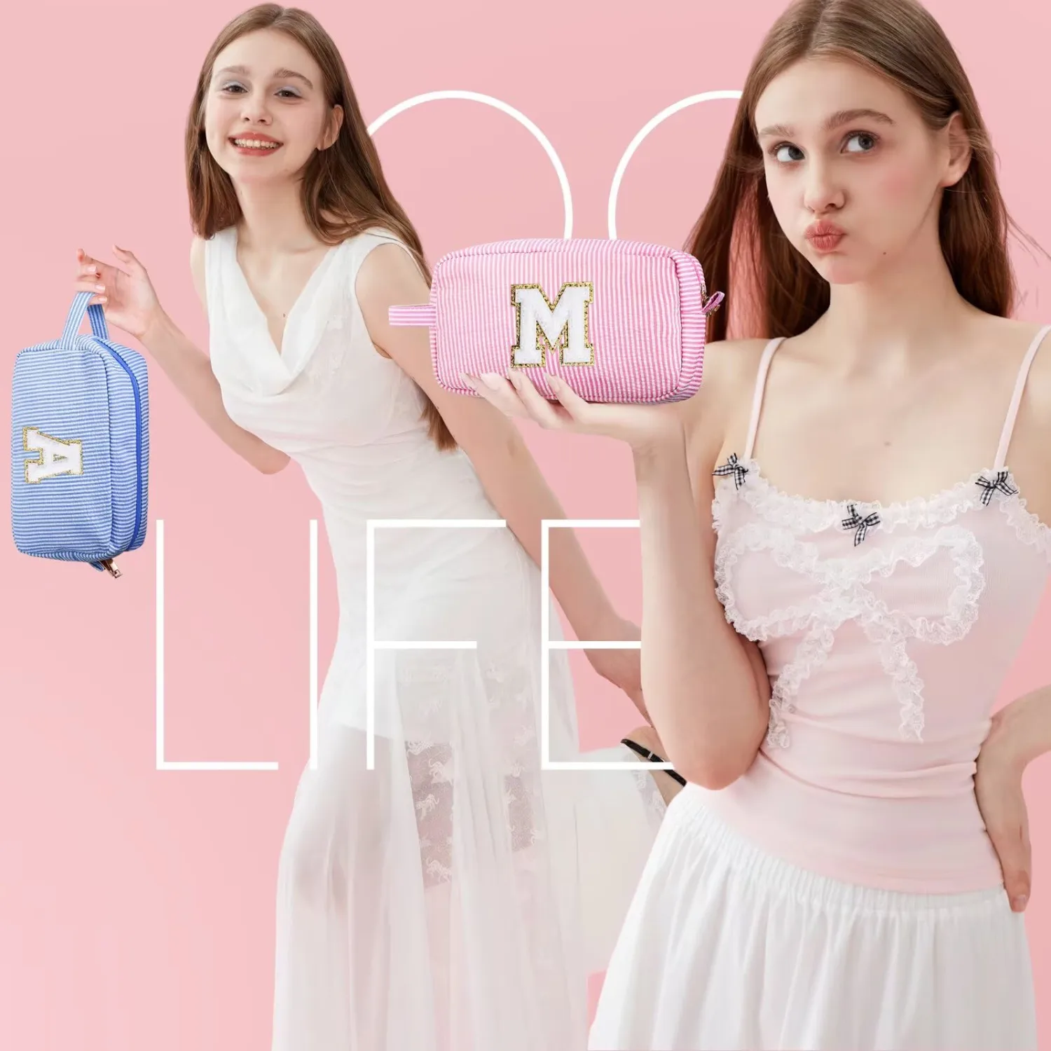 YOOLIFE Mothers Day Gifts for Mom Daughter - Initial Makeup Bag Cosmetic Bag Toiletry Pouch, Personalized Birthday Gifts for Women Girls Mom Daughter Sister Friends, Pink M