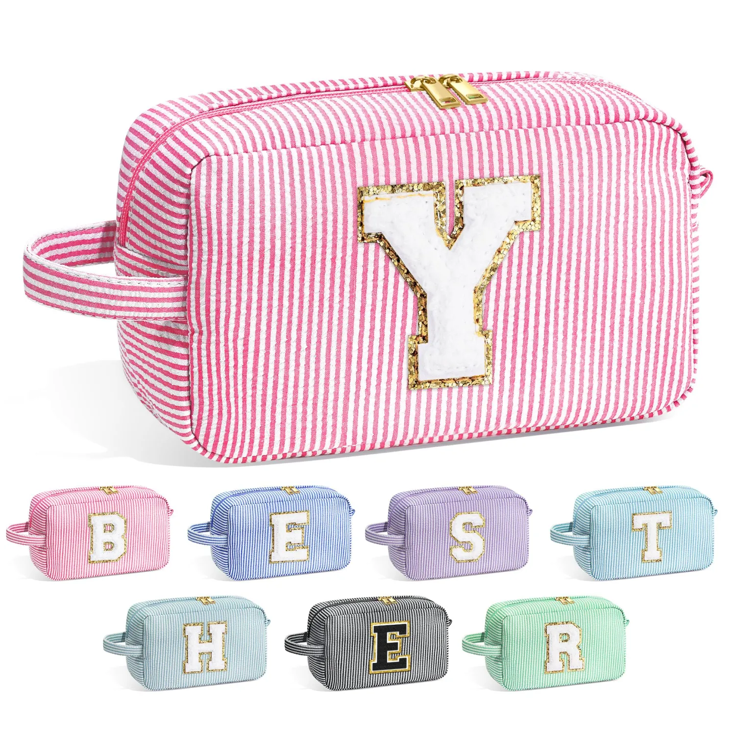 YOOLIFE Initial Makeup Bag for Women - Monogram Cute Makeup Bags Cosmetic Case Toiletry Pouch for Women Her Best Friend Sister Teacher, Personalized Birthday Gifts for Women, Pink Y