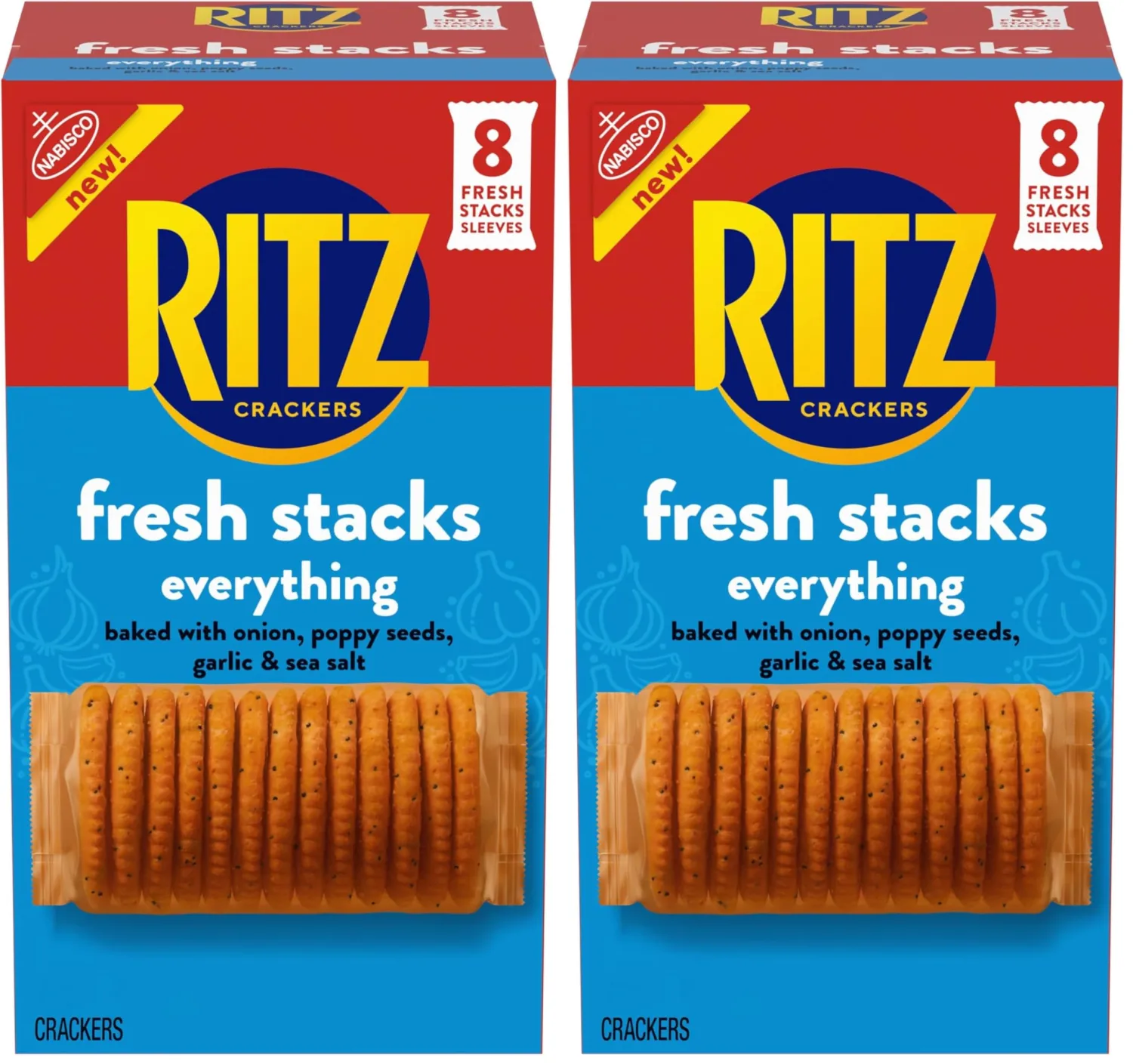 RITZ Fresh Stacks Everything Crackers, Travel Snacks, 11.8 oz (8 Multi Snack Packs)(Pack of 2)