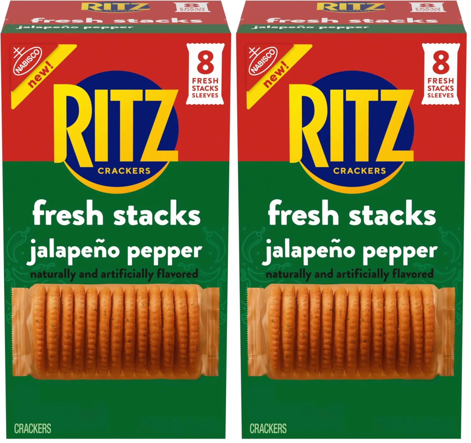 RITZ Fresh Stacks Jalapeno Pepper Crackers, Travel Snacks, 11.8 oz (8 Multi Snack Packs) (Pack of 2)