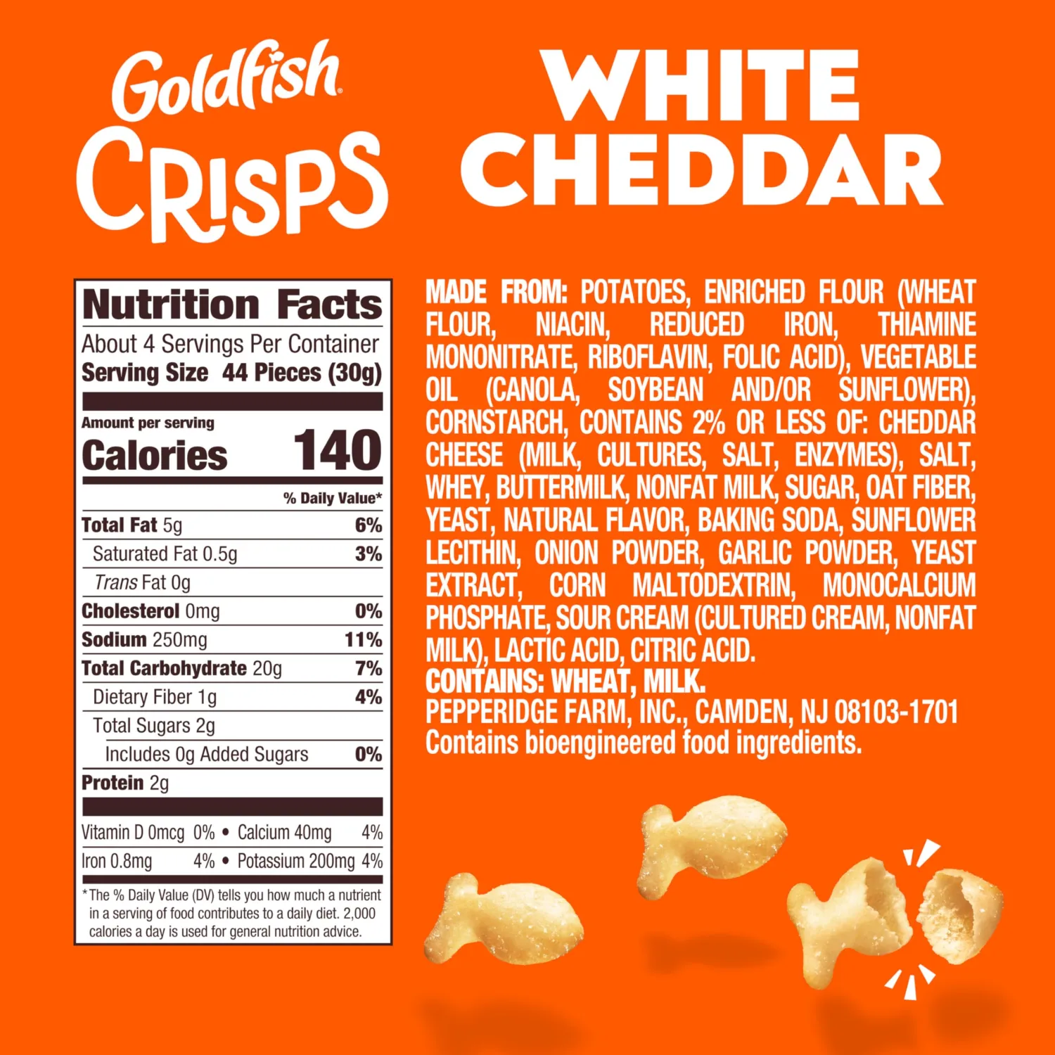 Goldfish Crisps White Cheddar Baked Chip Crackers, 4.8 Oz Bag