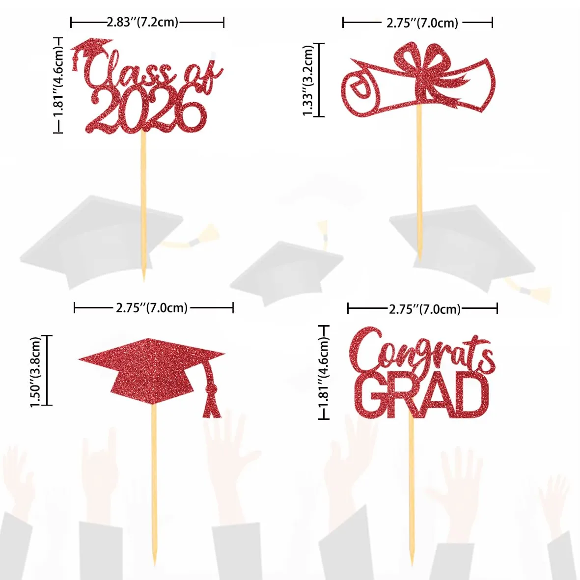 2026 Graduation Theme Cupcake Toppers Glitter Class of 2025 Graduation Cap Diploma Cupcake Picks - Set of 24 (Red2)