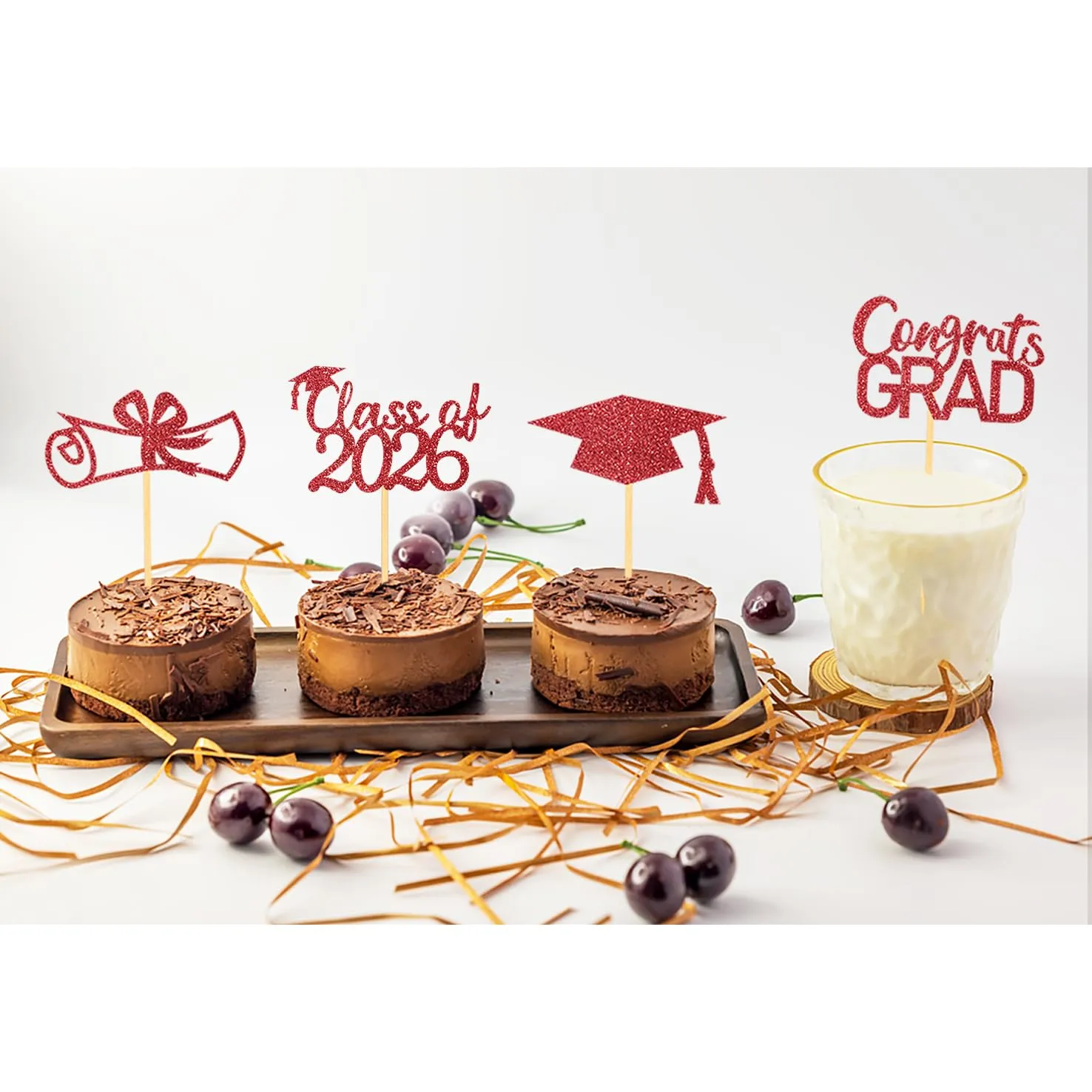 2026 Graduation Theme Cupcake Toppers Glitter Class of 2025 Graduation Cap Diploma Cupcake Picks - Set of 24 (Red2)