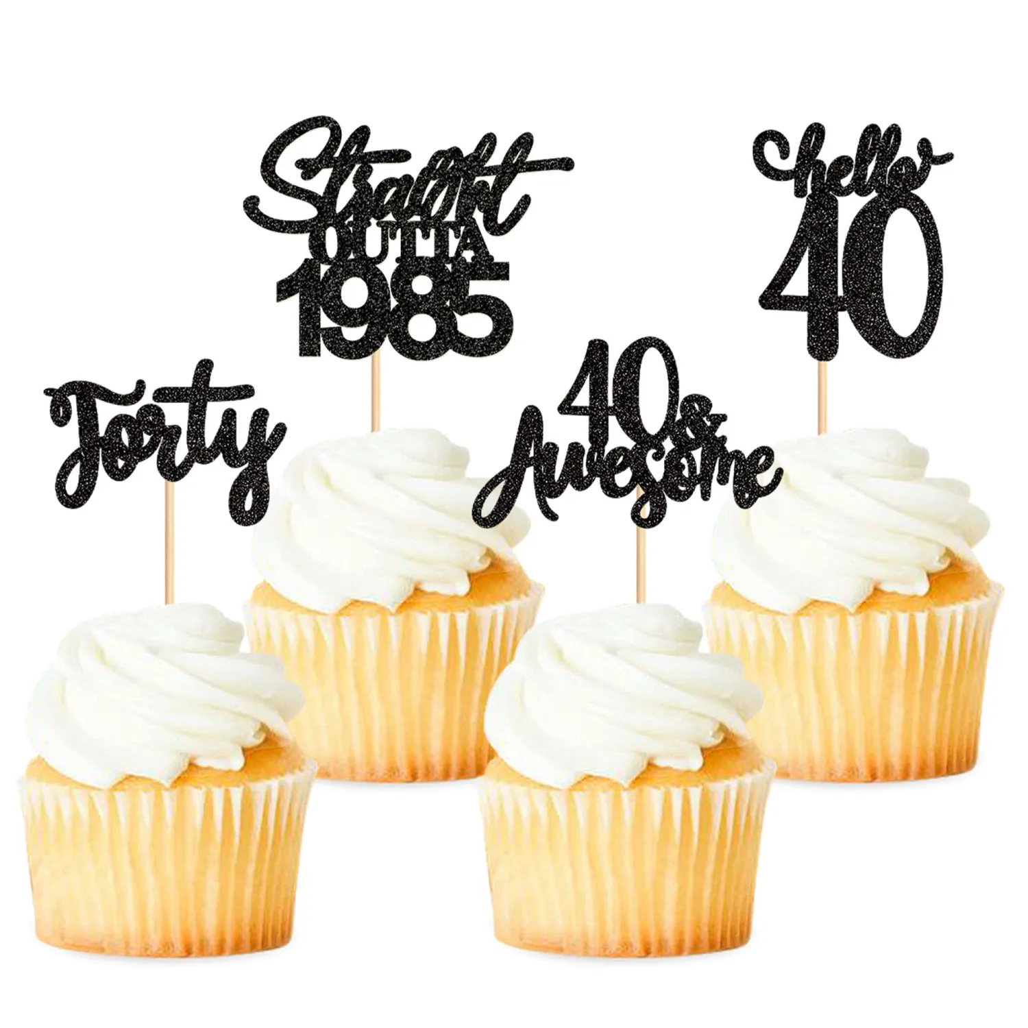 24 Pack Straight Outta 1985 Cupcake Toppers - Happy 40th I'm 40 Forty Years Birthday Party Decoration Supplies | Black 1985 2