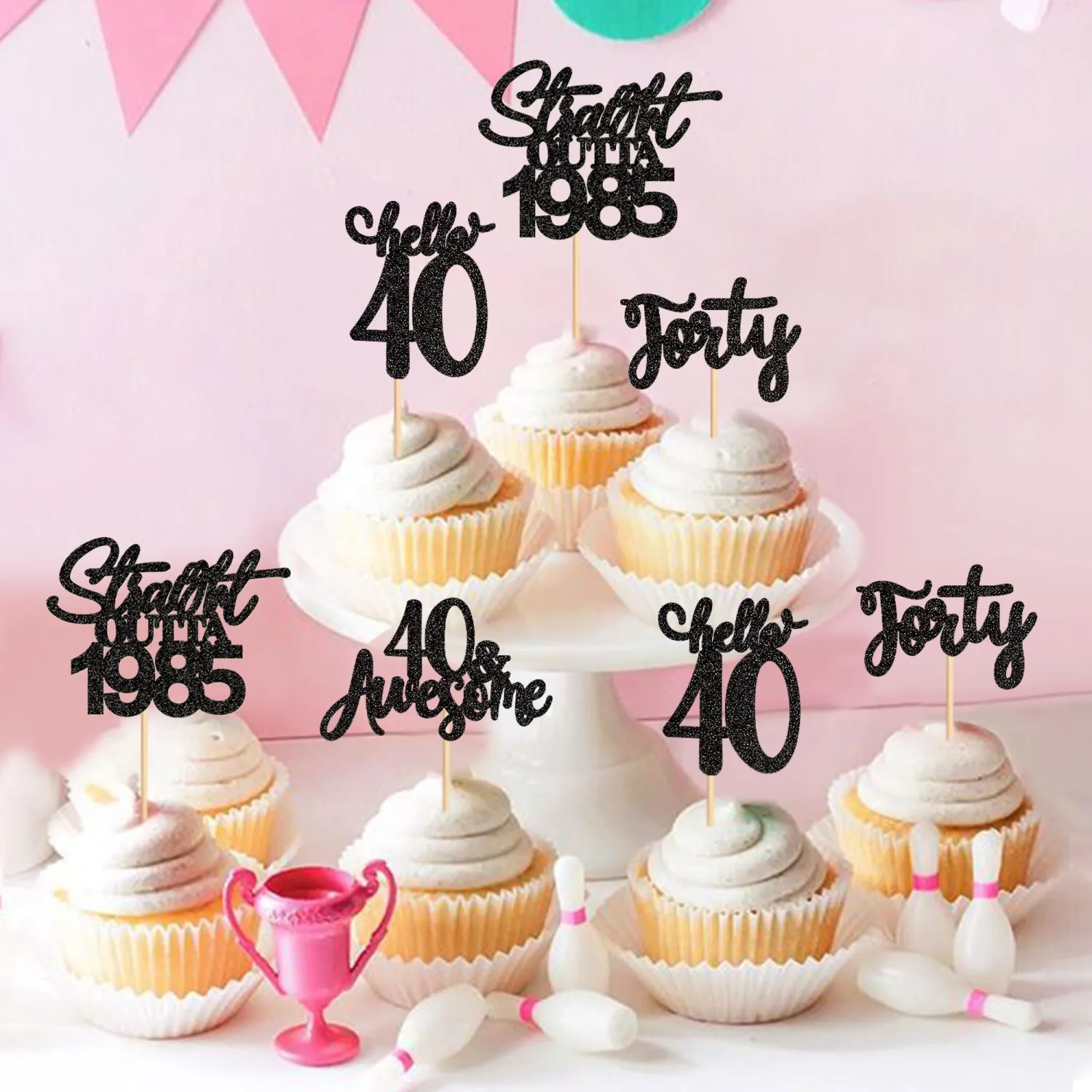 24 Pack Straight Outta 1985 Cupcake Toppers - Happy 40th I'm 40 Forty Years Birthday Party Decoration Supplies | Black 1985 2