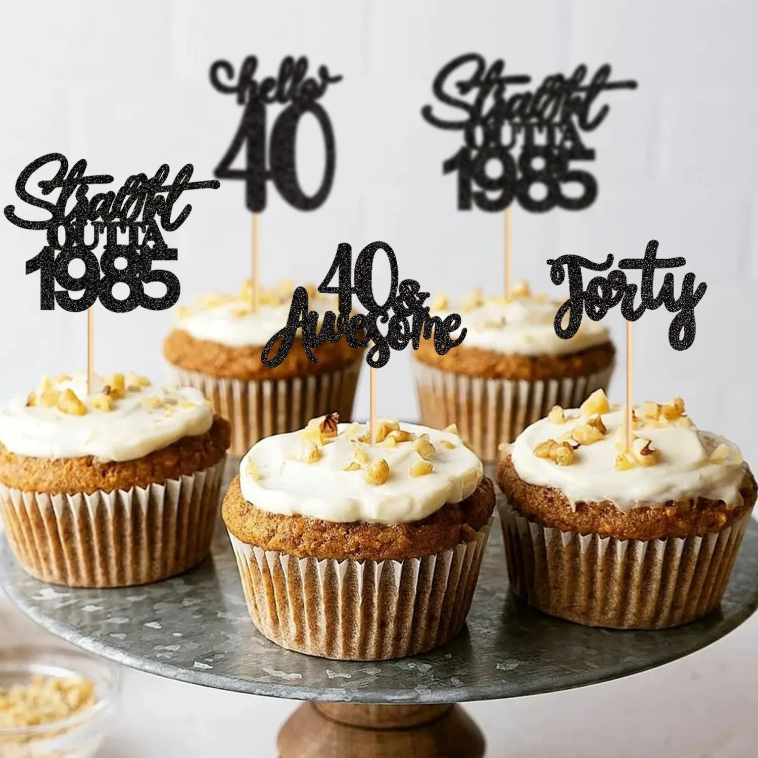24 Pack Straight Outta 1985 Cupcake Toppers - Happy 40th I'm 40 Forty Years Birthday Party Decoration Supplies | Black 1985 2