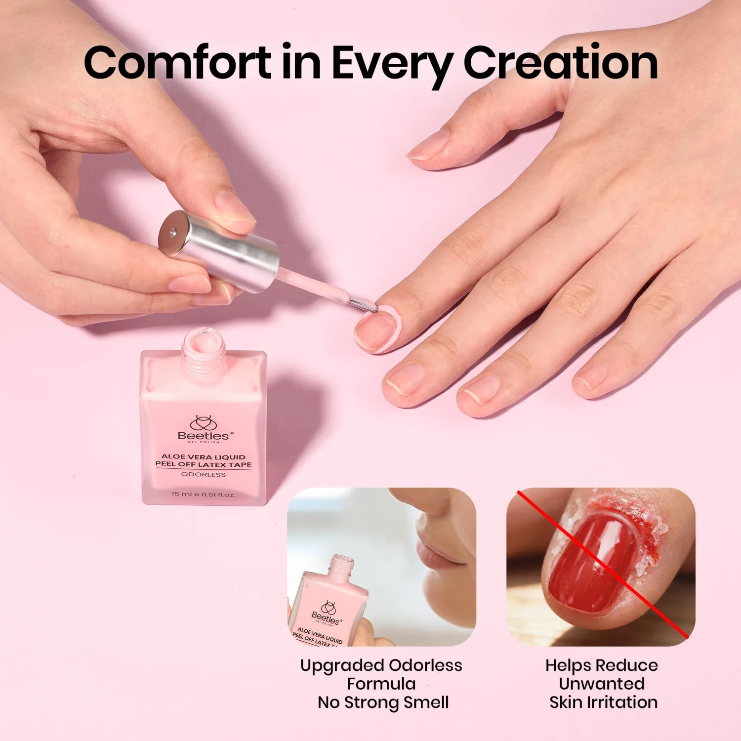 Beetles Odorless Liquid Latex for Nails 15ml - Pink Latex Nail Polish Barrier Peel Off Cuticle Guard for Gel Polish Protector Fingers Air Dry Nail Art Cuticle Protectors with Stick Gifts for Women