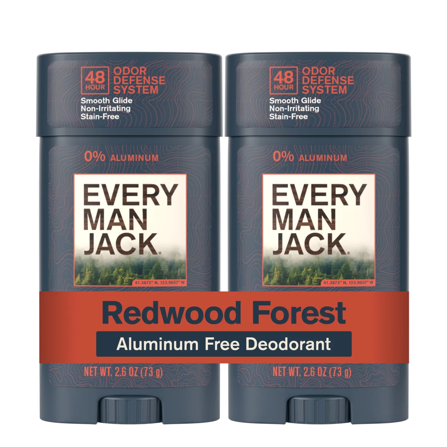 Every Man Jack Men's Deodorant - 48-Hour Odor Defense Blend - Aluminum Free - Contains Postbiotics, Tapioca Starch & Oat Powder - Redwood Forest Scent - 2.6 oz (2 Pack)
