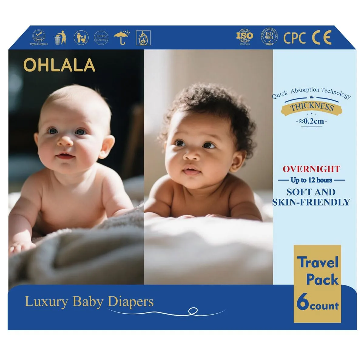 OHLALA Luxury Diapers Size 5 Skin-Friendly & Leakproof | Hypoallergenic | Fragrance-Free | Lightweight | Travel Pack 6 Count | 27+ lbs