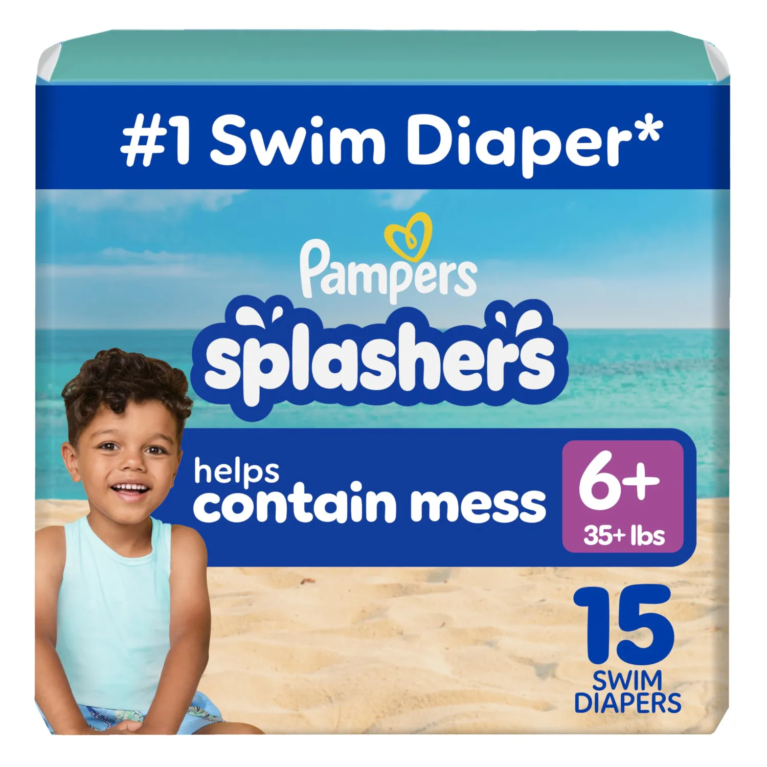 Pampers Splashers Swim Diapers, Size 6+, 15 Count, Disposable Swim Diapers, Contains Mess, No Swell