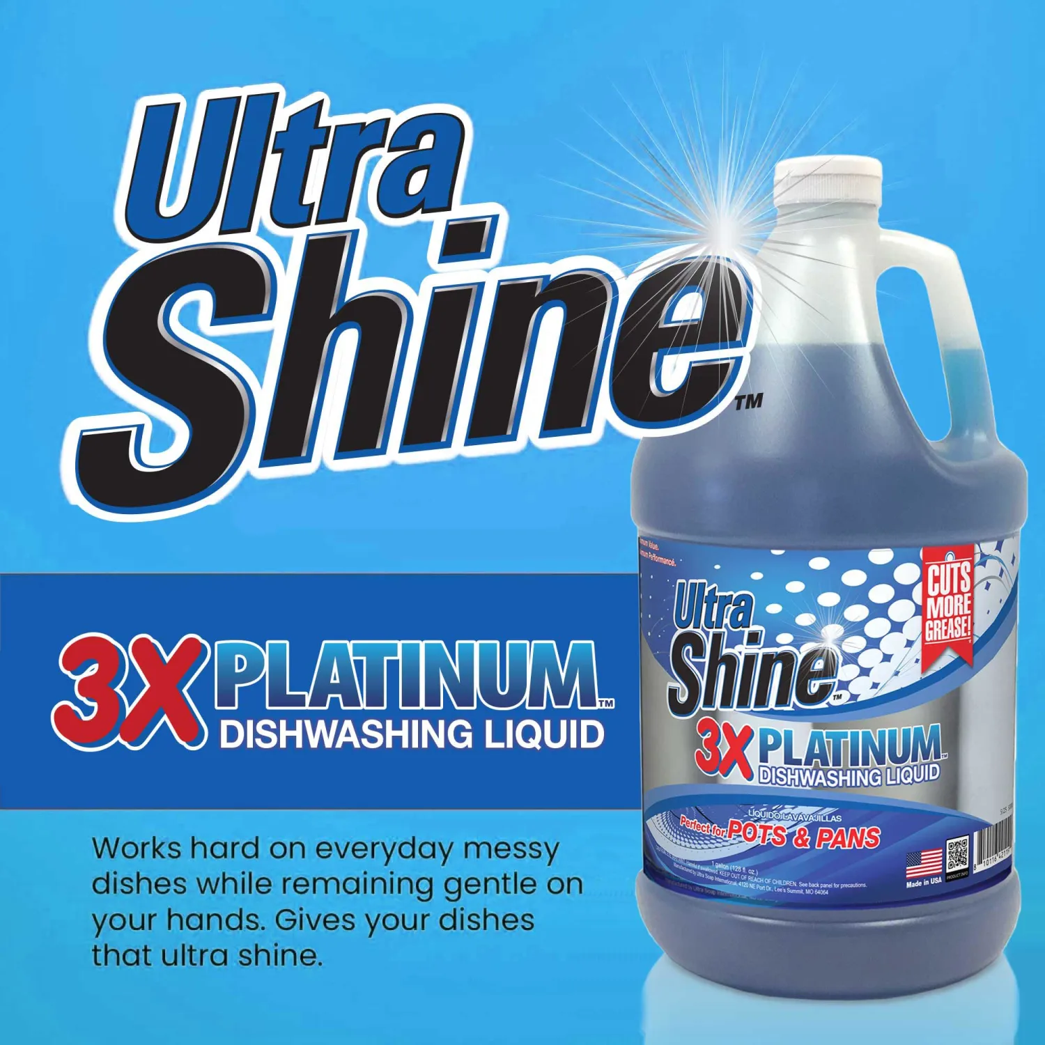 Ultra Shine™ 4 Pack 3X Platinum™ Dishwashing Liquid, Powerful Grease Remover, 1 Gallon - Concentrated Dish Cleaner Soap for Commercial Kitchens, Restaurants & Home Cleaning, Gentle on Hands & Skin