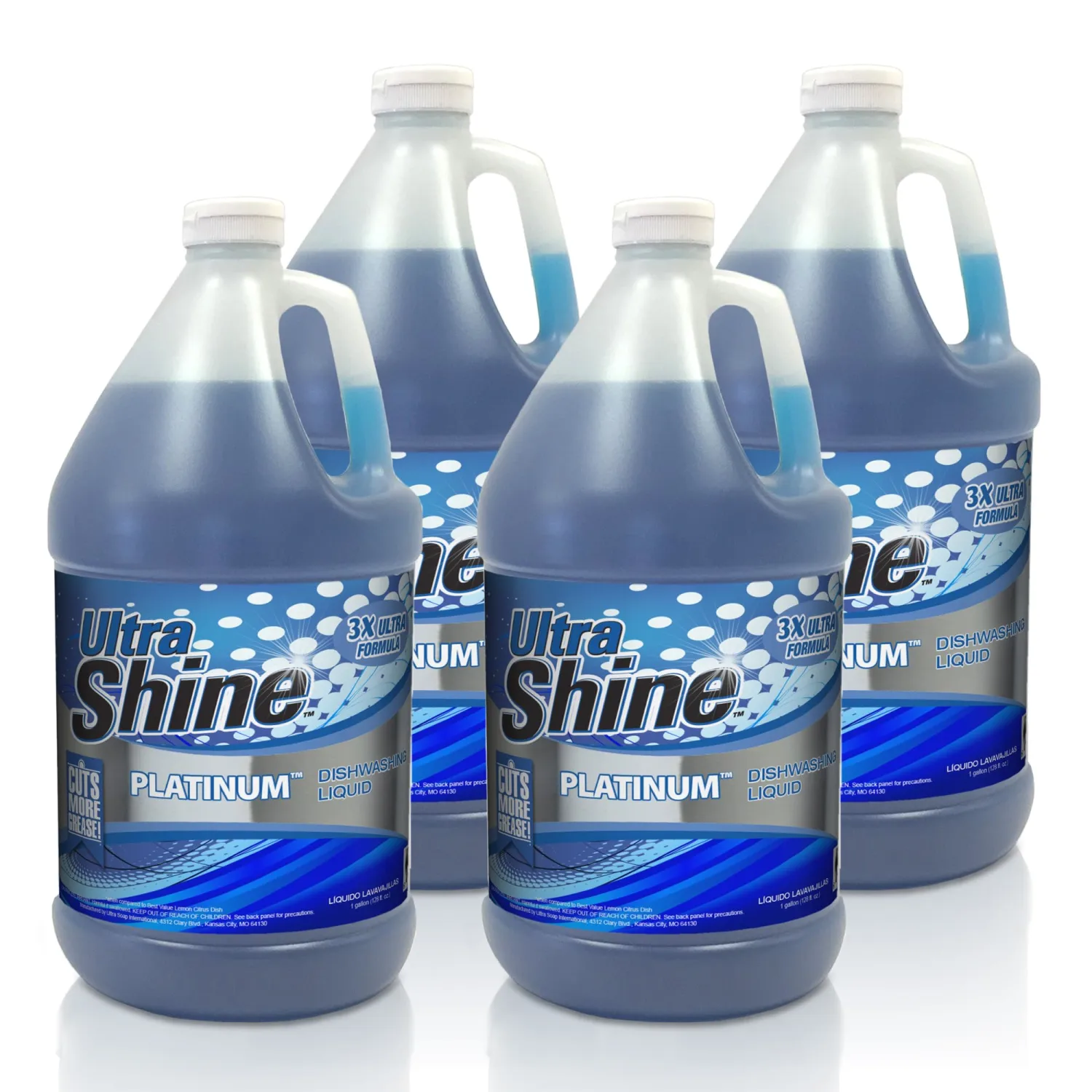 Ultra Shine™ 4 Pack 3X Platinum™ Dishwashing Liquid, Powerful Grease Remover, 1 Gallon - Concentrated Dish Cleaner Soap for Commercial Kitchens, Restaurants & Home Cleaning, Gentle on Hands & Skin