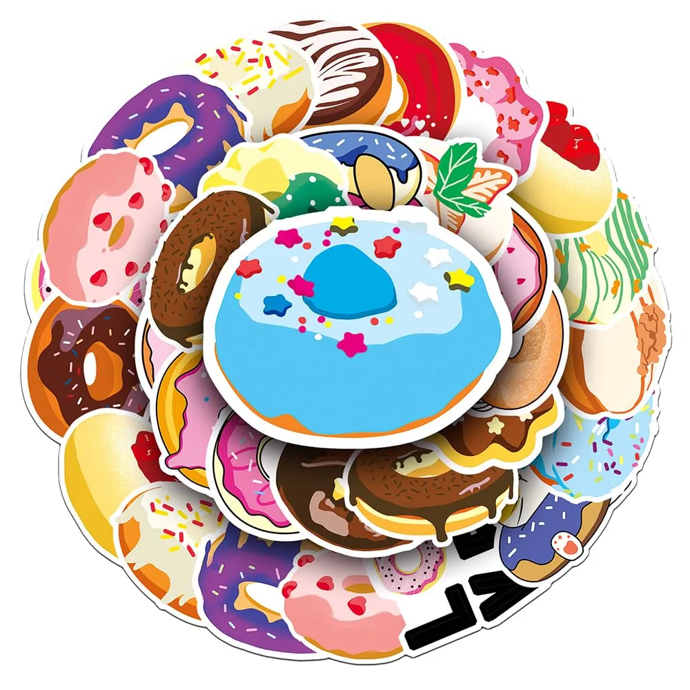 50 Pcs Colorful Donut Stickers Pack - Sweet Cheerful Food Waterproof Vinyl Decal Stickers for Water Bottles Laptop Luggage Cup Skateboard Guitar Journal Scrapbook