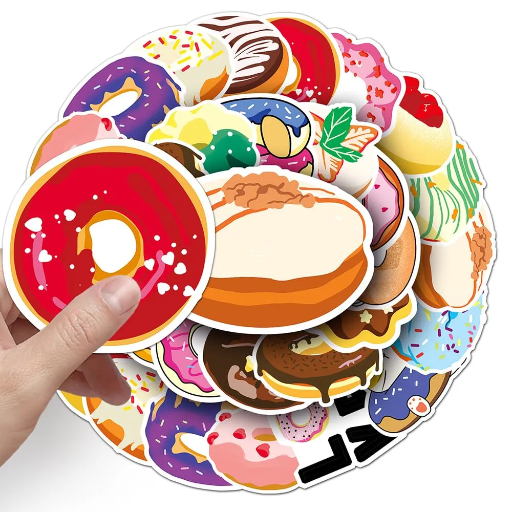 50 Pcs Colorful Donut Stickers Pack - Sweet Cheerful Food Waterproof Vinyl Decal Stickers for Water Bottles Laptop Luggage Cup Skateboard Guitar Journal Scrapbook