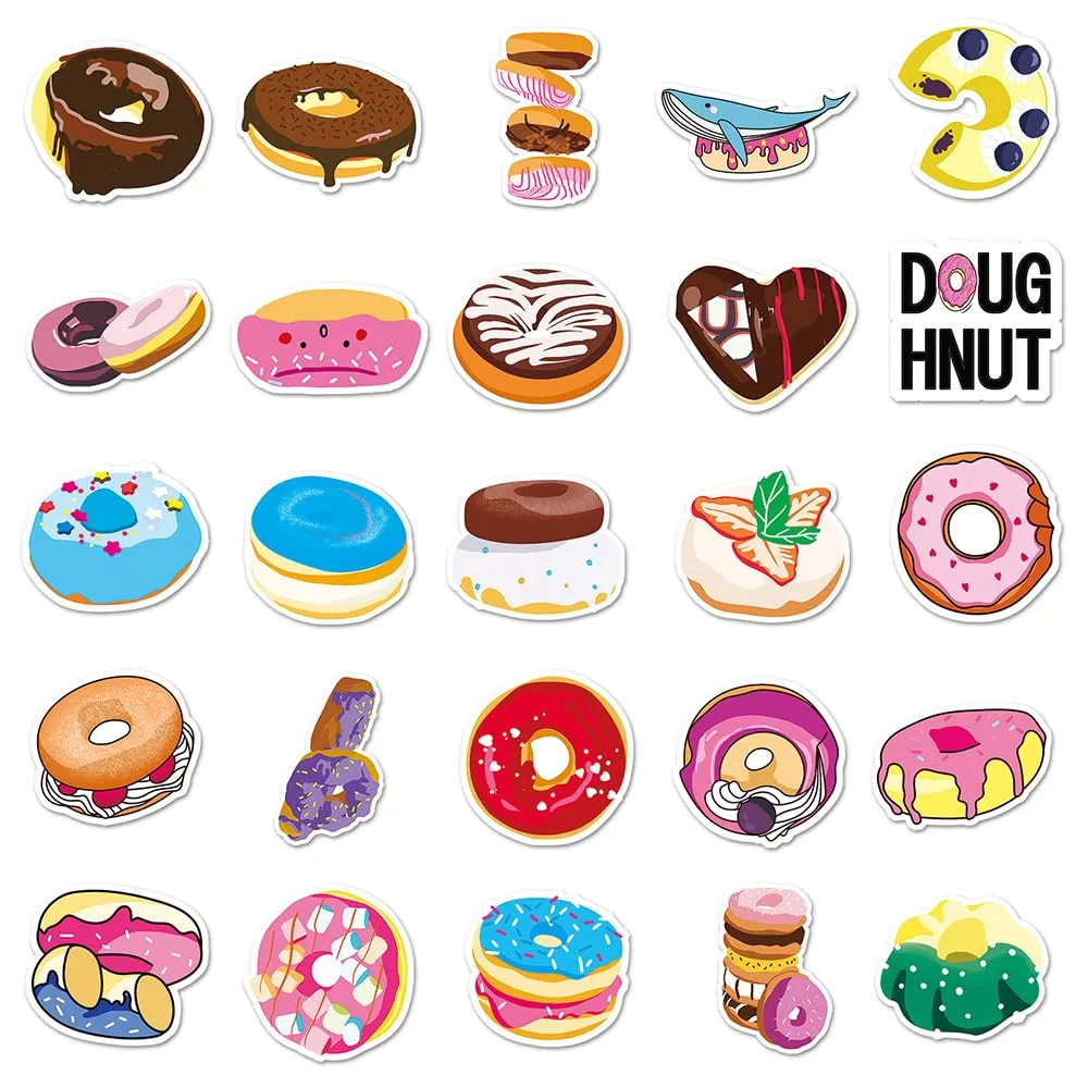 50 Pcs Colorful Donut Stickers Pack - Sweet Cheerful Food Waterproof Vinyl Decal Stickers for Water Bottles Laptop Luggage Cup Skateboard Guitar Journal Scrapbook
