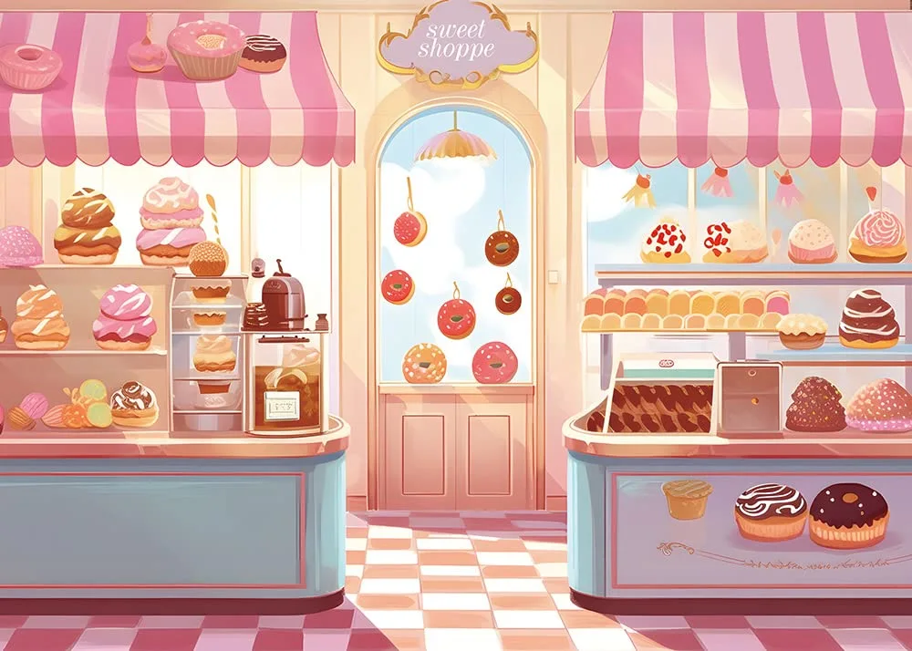 Sweet Shop Backdrop Candy Princess Dessert Banner Shop Girl's Birthday Photography Background Children's Party Banner Baby Shower Donut Ice Cream Table Decoration 5x3ft