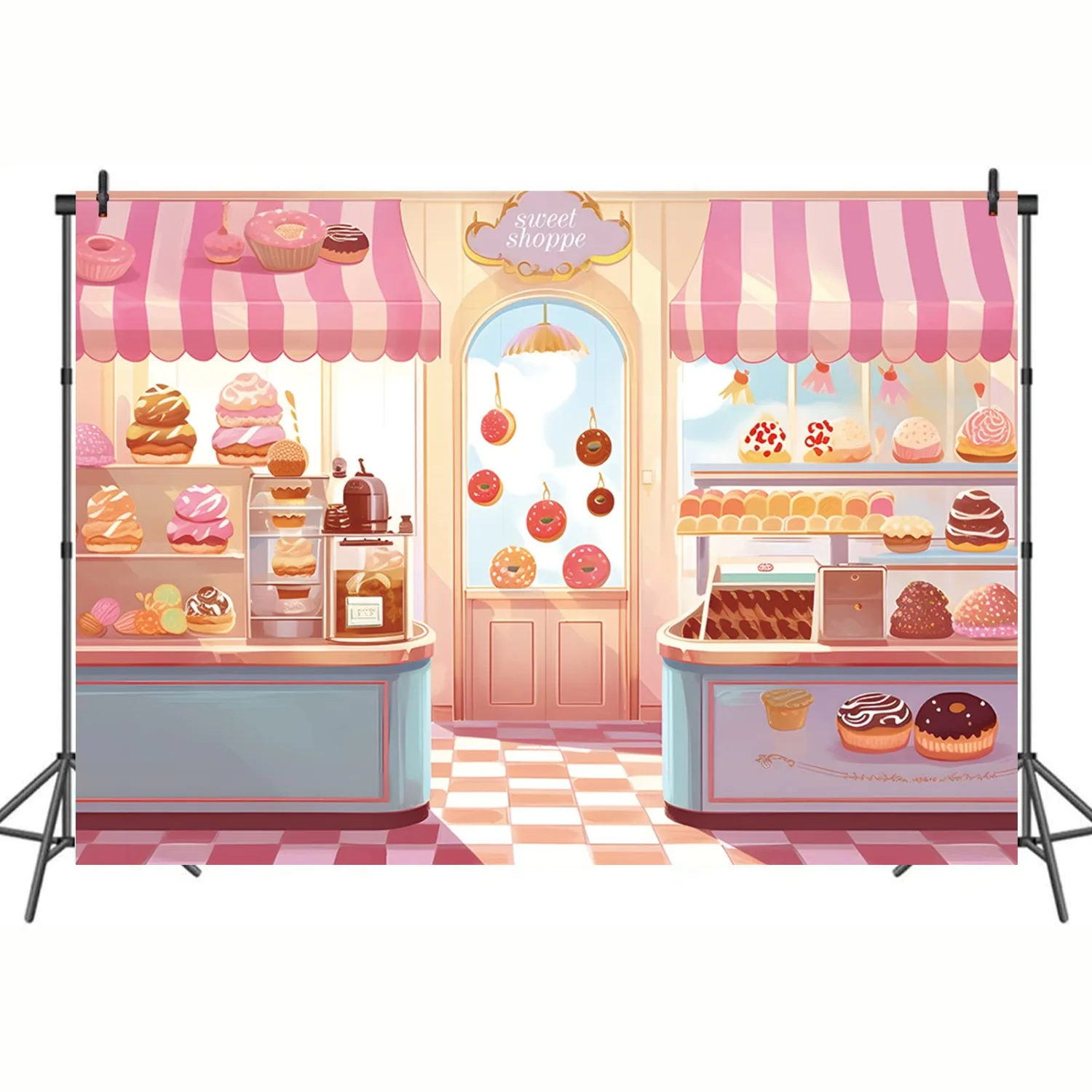 Sweet Shop Backdrop Candy Princess Dessert Banner Shop Girl's Birthday Photography Background Children's Party Banner Baby Shower Donut Ice Cream Table Decoration 5x3ft