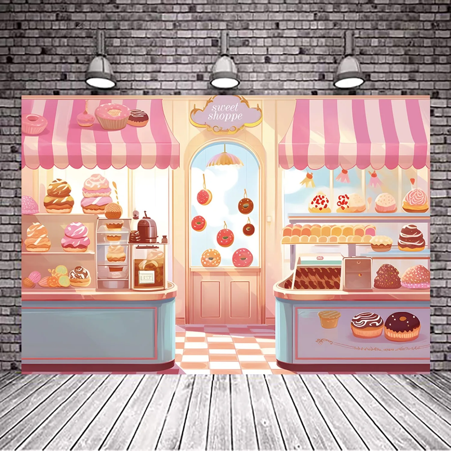 Sweet Shop Backdrop Candy Princess Dessert Banner Shop Girl's Birthday Photography Background Children's Party Banner Baby Shower Donut Ice Cream Table Decoration 5x3ft