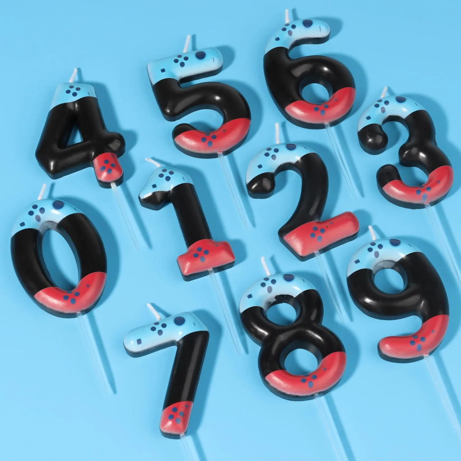 Red Blue Number 0 Birthday Candles,Level Video Game Controller Birthday 0-9 Number Birthday Candles,Cake Topper Decorations,Gamepad Cake Supplies for Boys Girls Party Decor Supplies