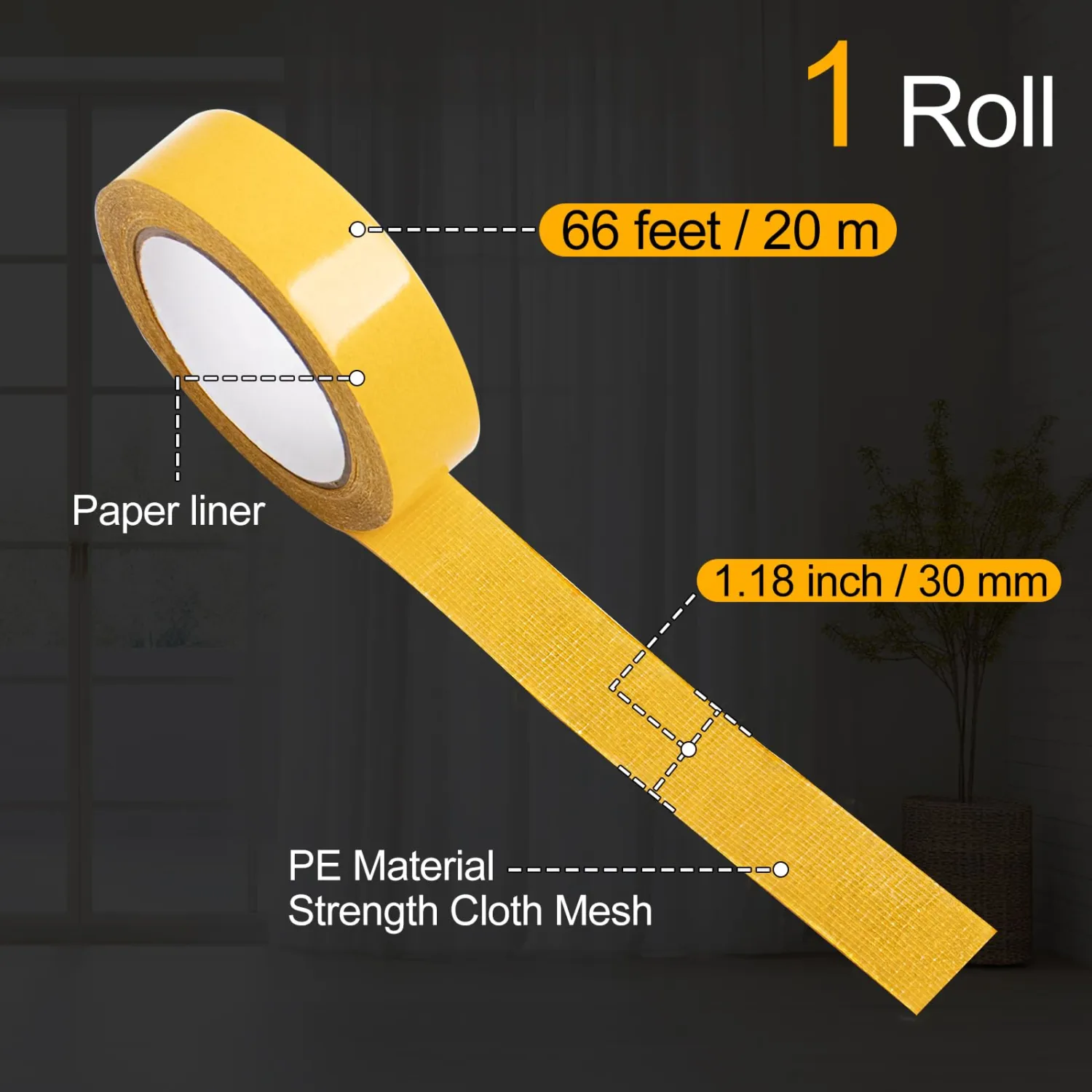Double Sided Tape Heavy Duty, 1.18in x 66FT(20m) Super Sticky Clear Tape High Tack Strong Wall Adhesive with Fiberglass Mesh Clear Tape, Fixed Carpet, Wall Decor Easy Use Mounting Tape