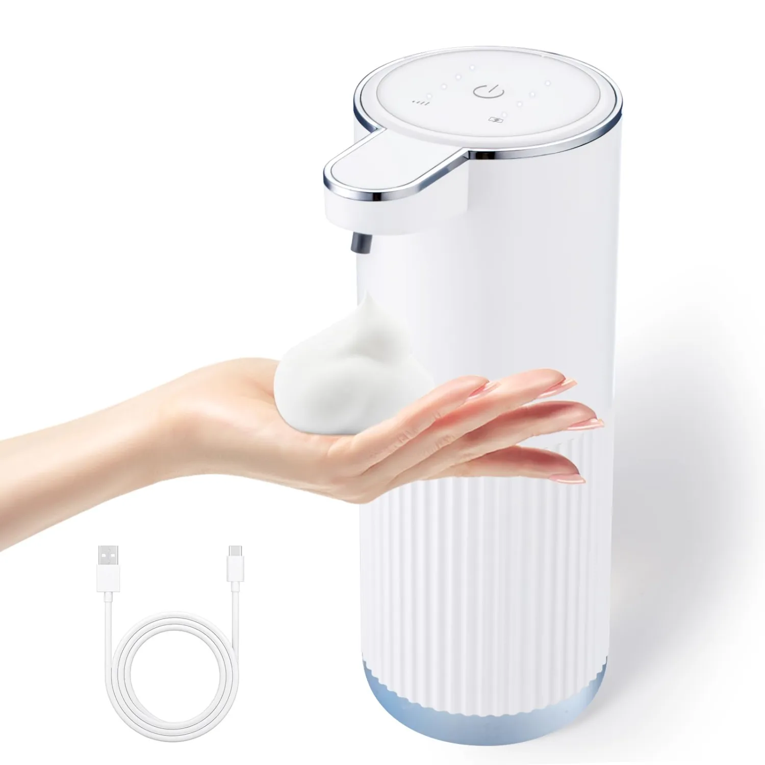 XINKORA Automatic Foaming Soap Dispenser, 4-Level Adjustable Electric Foam Hand Soap Dispenser, USB Rechargeable Touchless for Bathroom Countertop, Kitchen, 13.5oz, Wall Mounted(White)