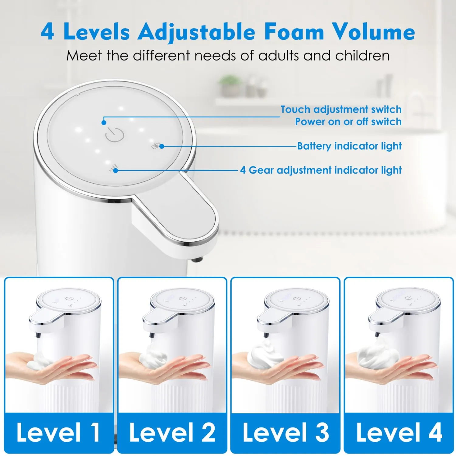 XINKORA Automatic Foaming Soap Dispenser, 4-Level Adjustable Electric Foam Hand Soap Dispenser, USB Rechargeable Touchless for Bathroom Countertop, Kitchen, 13.5oz, Wall Mounted(White)