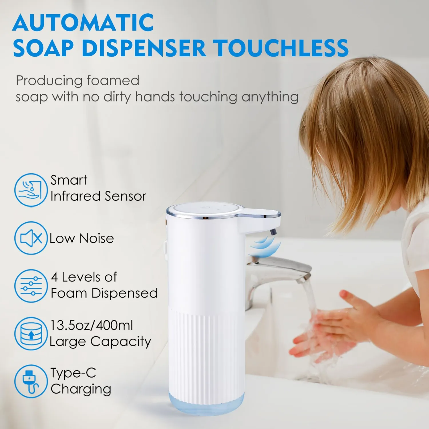 XINKORA Automatic Foaming Soap Dispenser, 4-Level Adjustable Electric Foam Hand Soap Dispenser, USB Rechargeable Touchless for Bathroom Countertop, Kitchen, 13.5oz, Wall Mounted(White)