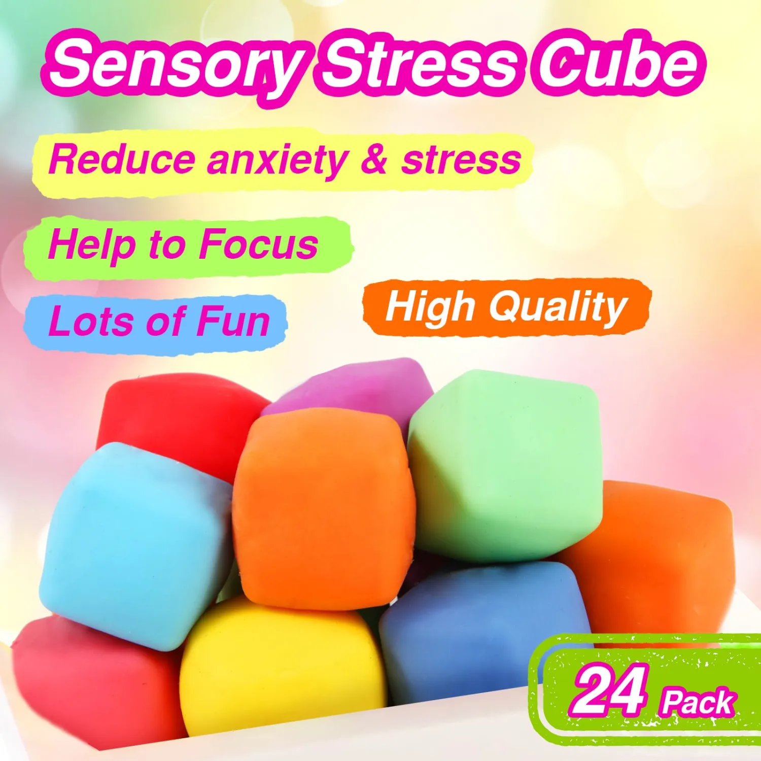 24 Pack Slow Rising Stress Cube , Dough Stress Balls Soft Fidget Squishy Toys for Anxiety Relief, Pull Stretch Classroom Prize Party Favors Toys for Kids