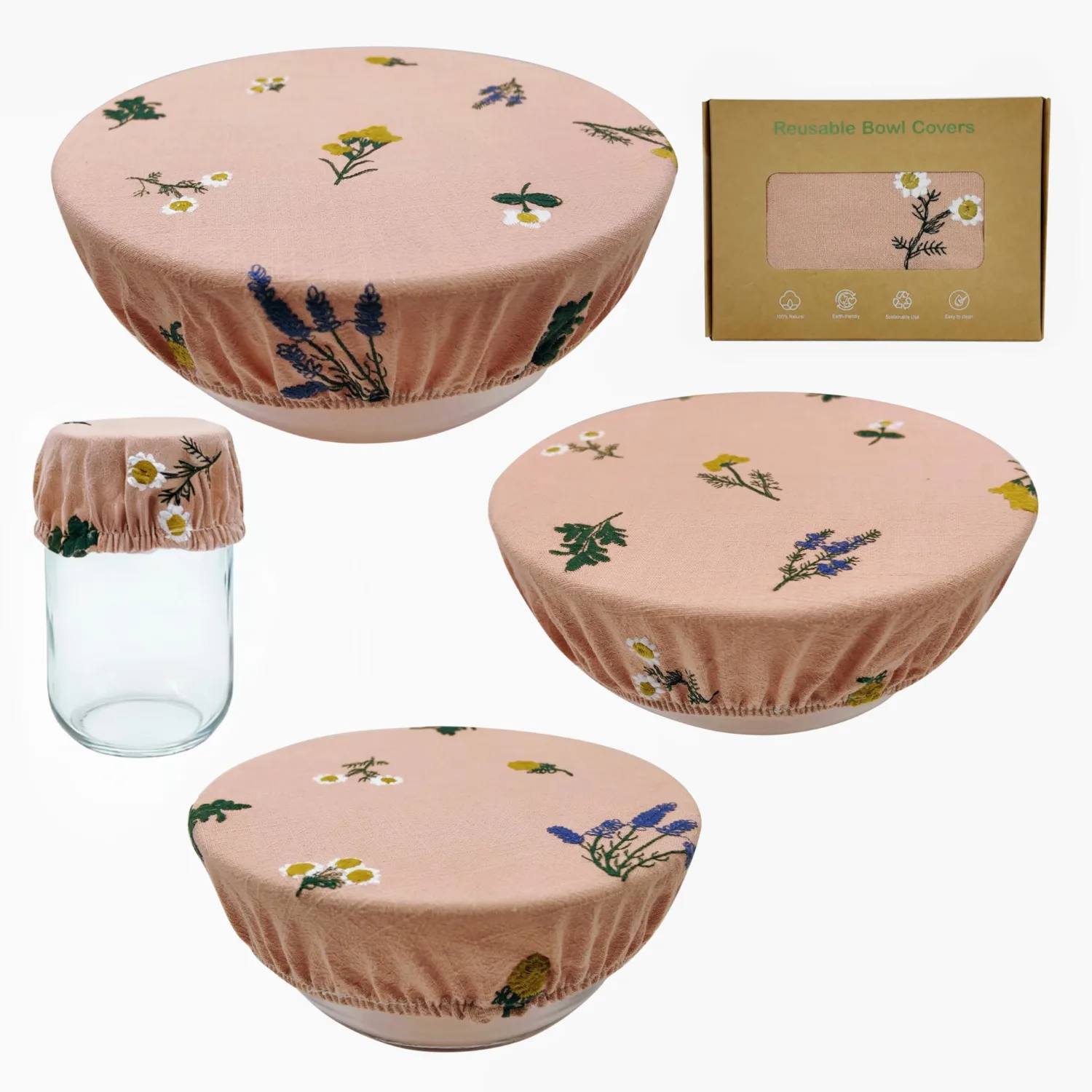 Reusable Bowl Covers (Set of 4) - Breathable Cotton Linen Sourdough Accessories - Elastic Durable Fabric Food Lids for Proofing Baskets & Bread Baking Supplies (Dusty Peach)