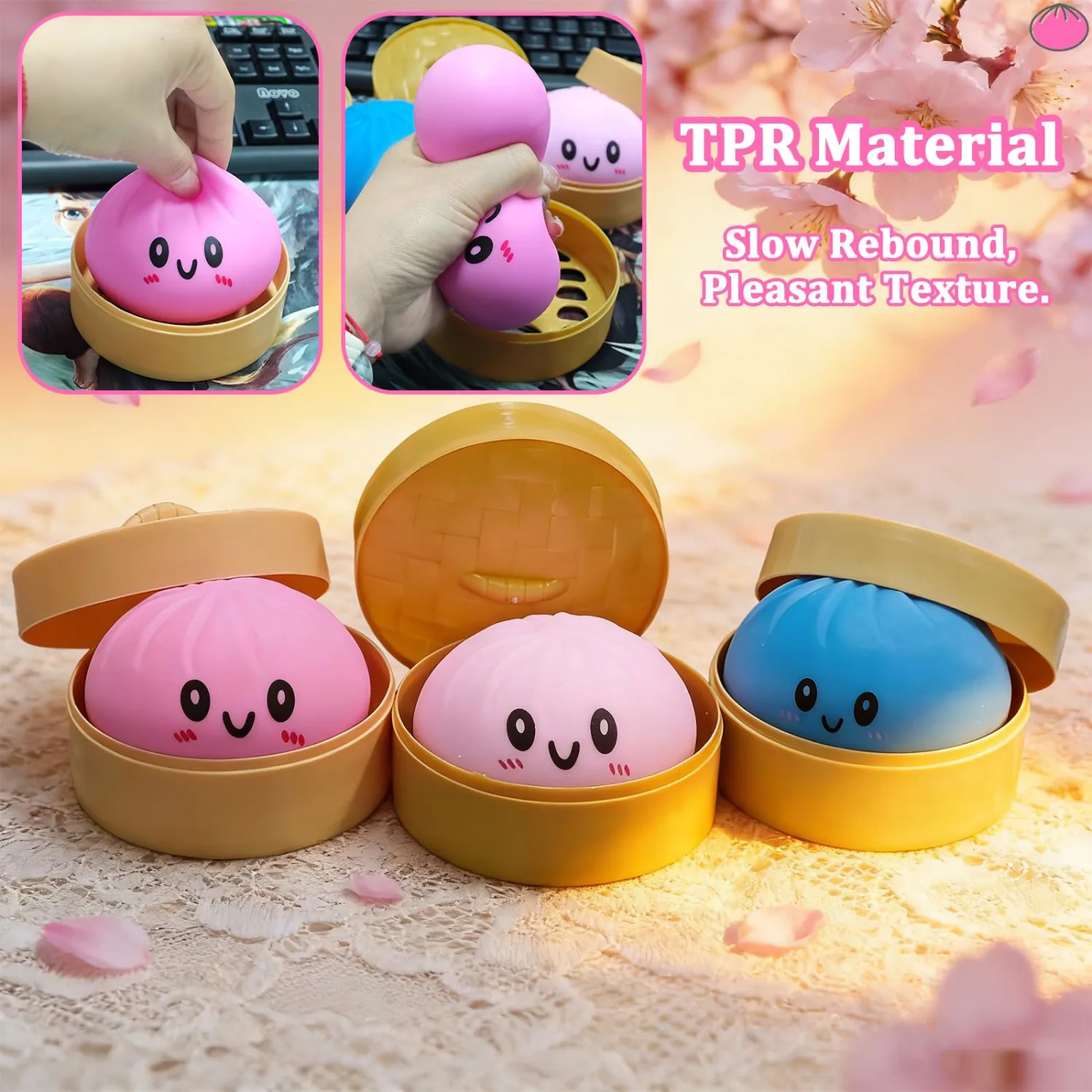 Dumpling Squishy Toy, Dumpling Squishy Mystery Box, Colorful Dumplings Stress Balls Fidget Sensory Toy, Squeeze Dough Ball Stress Relief Hand Toys with Food Steamer Stretchy Desk Toys (Pink)