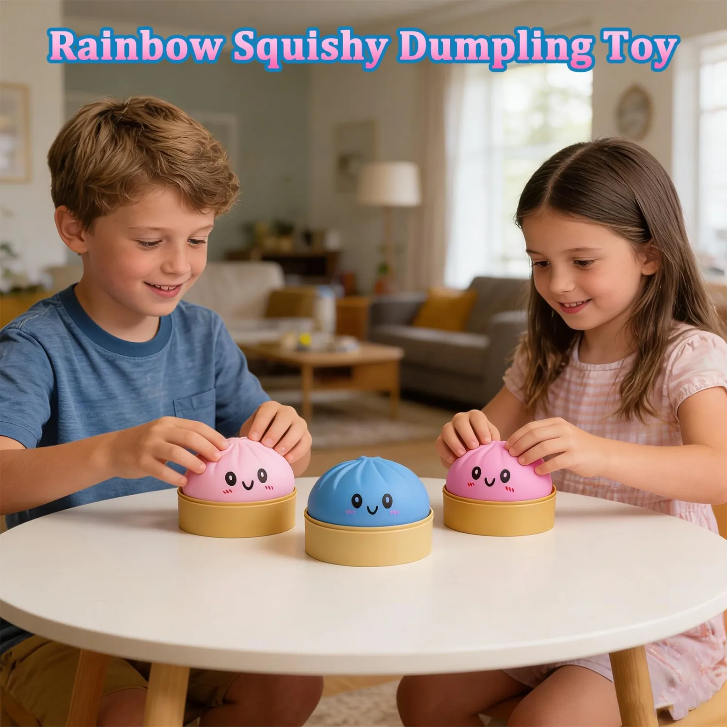 Dumpling Squishy Toy, Dumpling Squishy Mystery Box, Colorful Dumplings Stress Balls Fidget Sensory Toy, Squeeze Dough Ball Stress Relief Hand Toys with Food Steamer Stretchy Desk Toys (Pink)