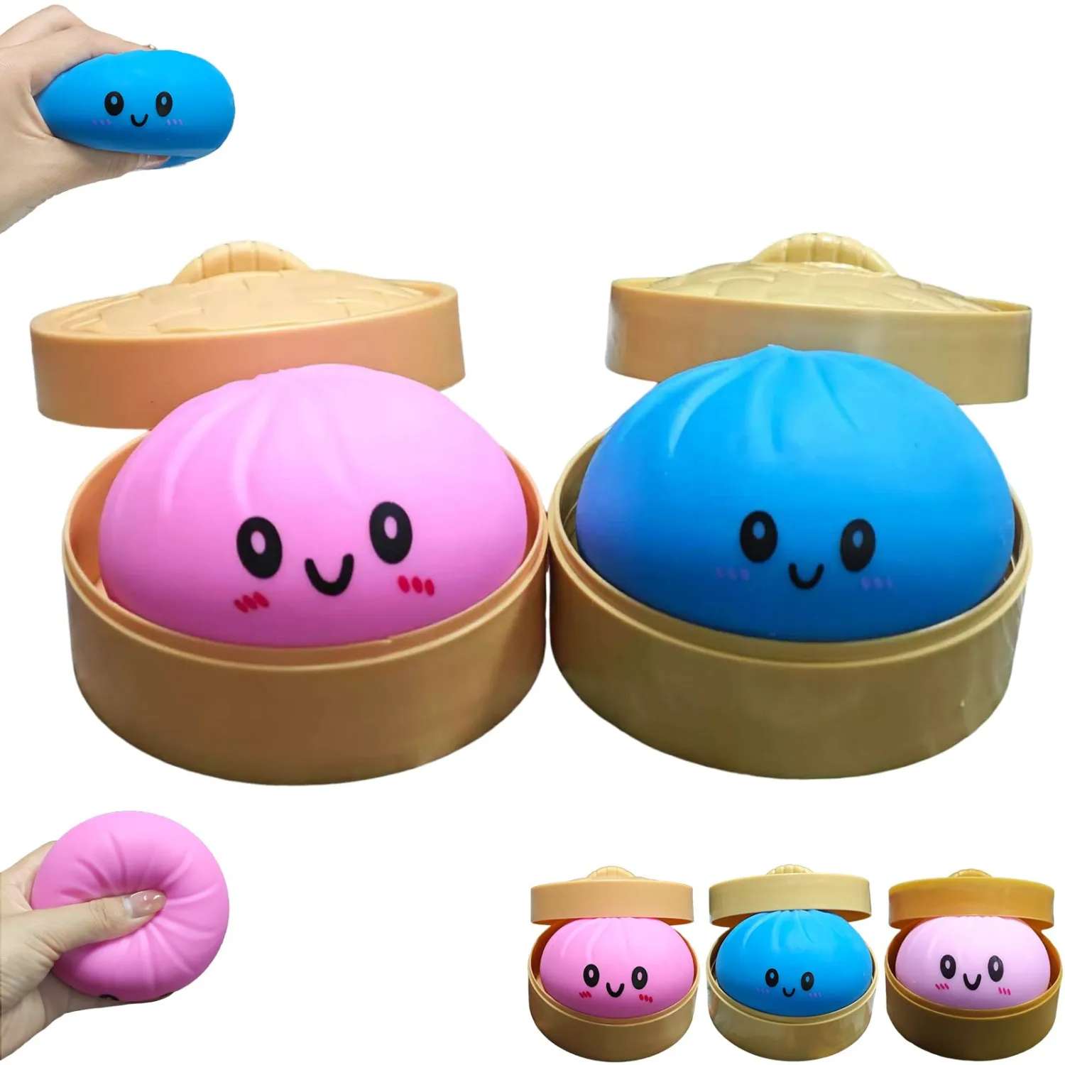Dumpling Squishy Toy, Dumpling Squishy Mystery Box, Colorful Dumplings Stress Balls Fidget Sensory Toy, Squeeze Dough Ball Stress Relief Hand Toys with Food Steamer Stretchy Desk Toys (Pink & Blue)