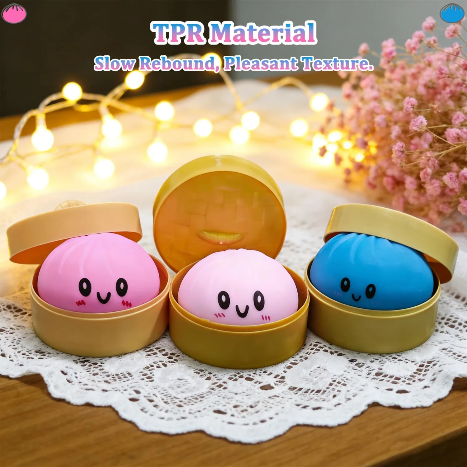 Dumpling Squishy Toy, Dumpling Squishy Mystery Box, Colorful Dumplings Stress Balls Fidget Sensory Toy, Squeeze Dough Ball Stress Relief Hand Toys with Food Steamer Stretchy Desk Toys (Pink & Blue)