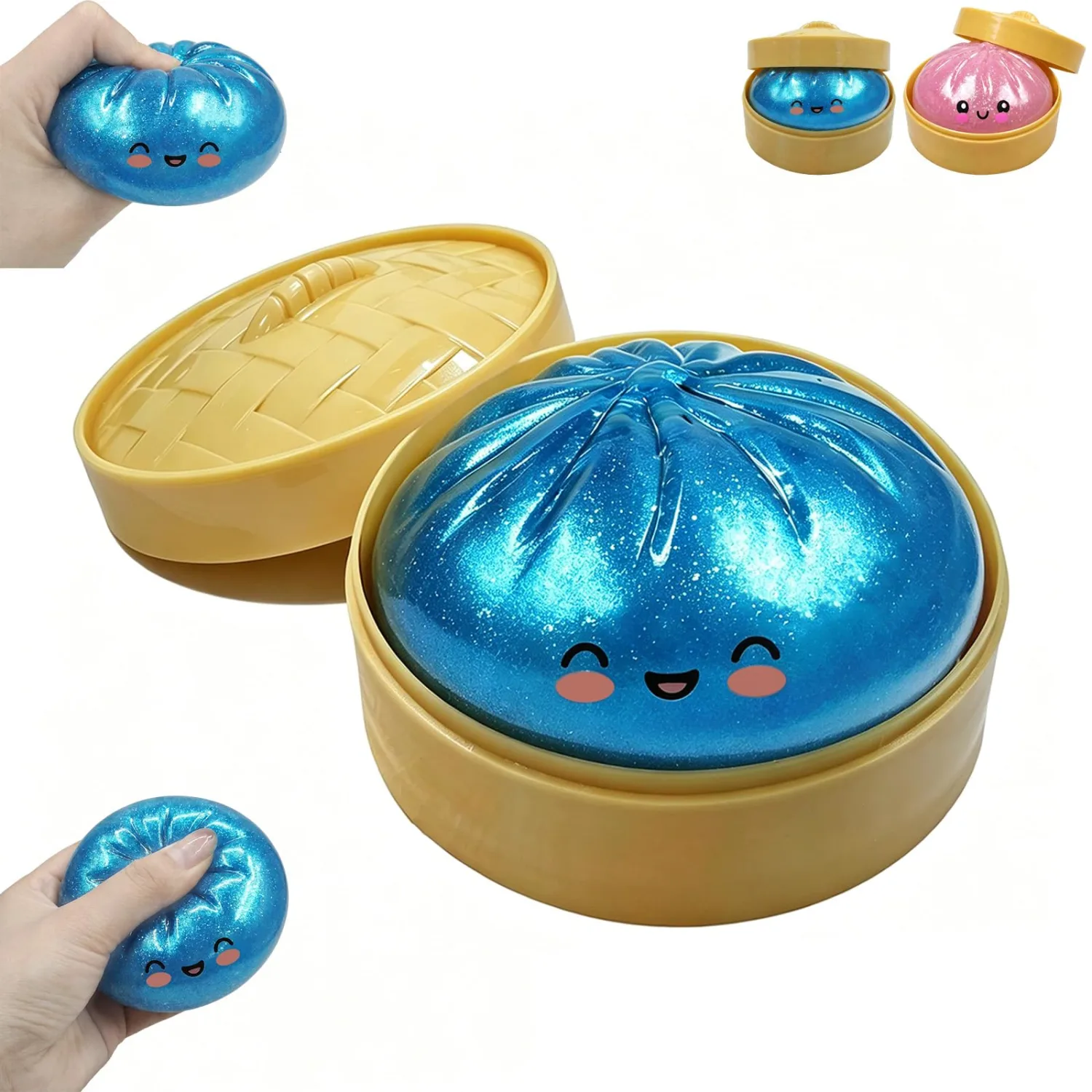 Glitter Dumpling Squishies, Dumpling Squishies Mystery Box, Colorful Dumplings Stress Balls Fidget Sensory Toy, Squeeze Dough Ball Stress Relief Toys with Food Steamer Stretchy Desk Toys(Glitter Blue)