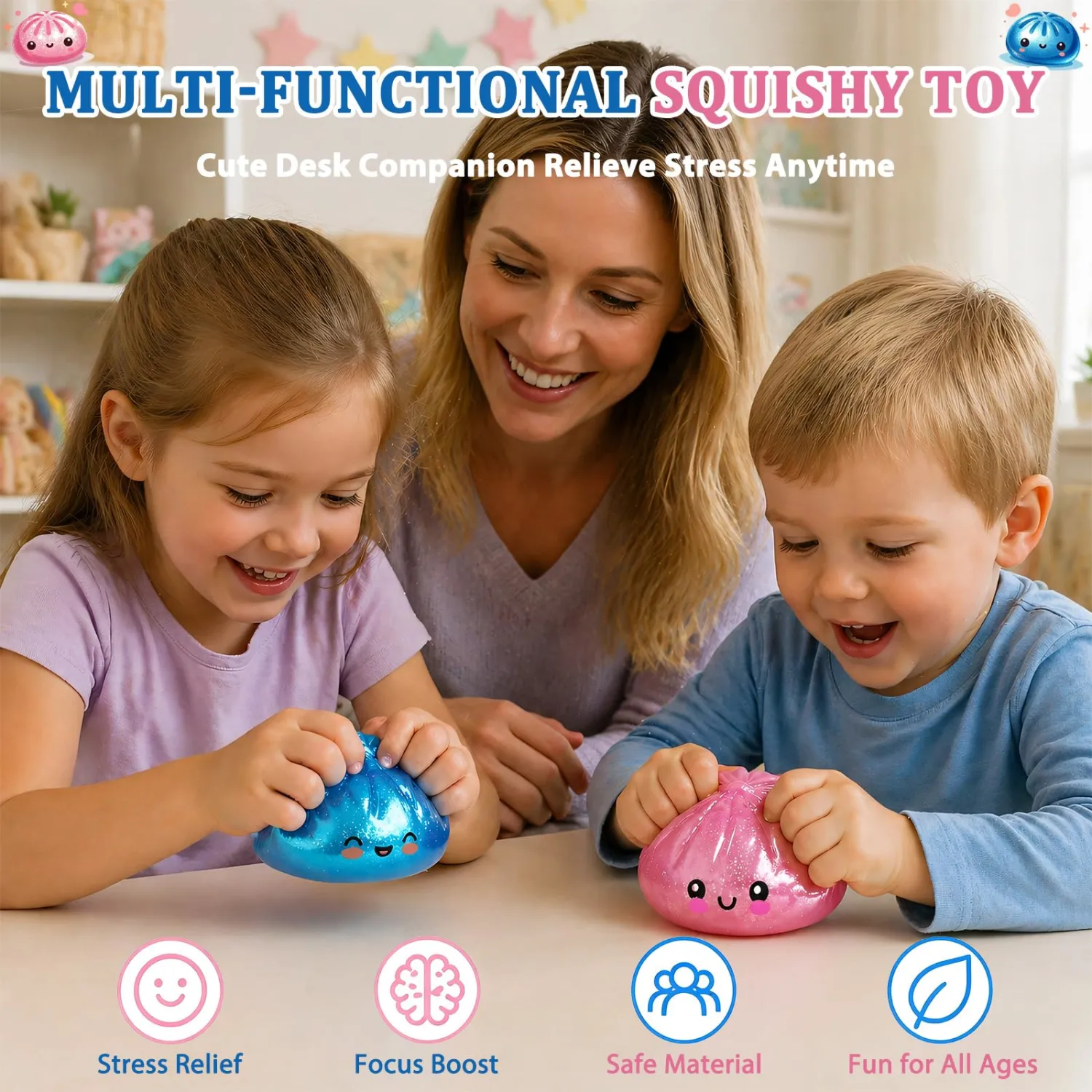Glitter Dumpling Squishies, Dumpling Squishies Mystery Box, Colorful Dumplings Stress Balls Fidget Sensory Toy, Squeeze Dough Ball Stress Relief Toys with Food Steamer Stretchy Desk Toys(Glitter Blue)