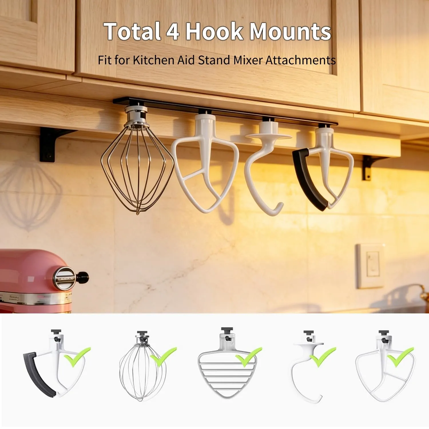 Metal Stand Mixer Attachment Holder Fits for Kitchenaid Mixer Accessories, Under Cabinet Organizers Hangers for Storage Kitchen aid Dough Hook Paddle Beater Whisk Utensil