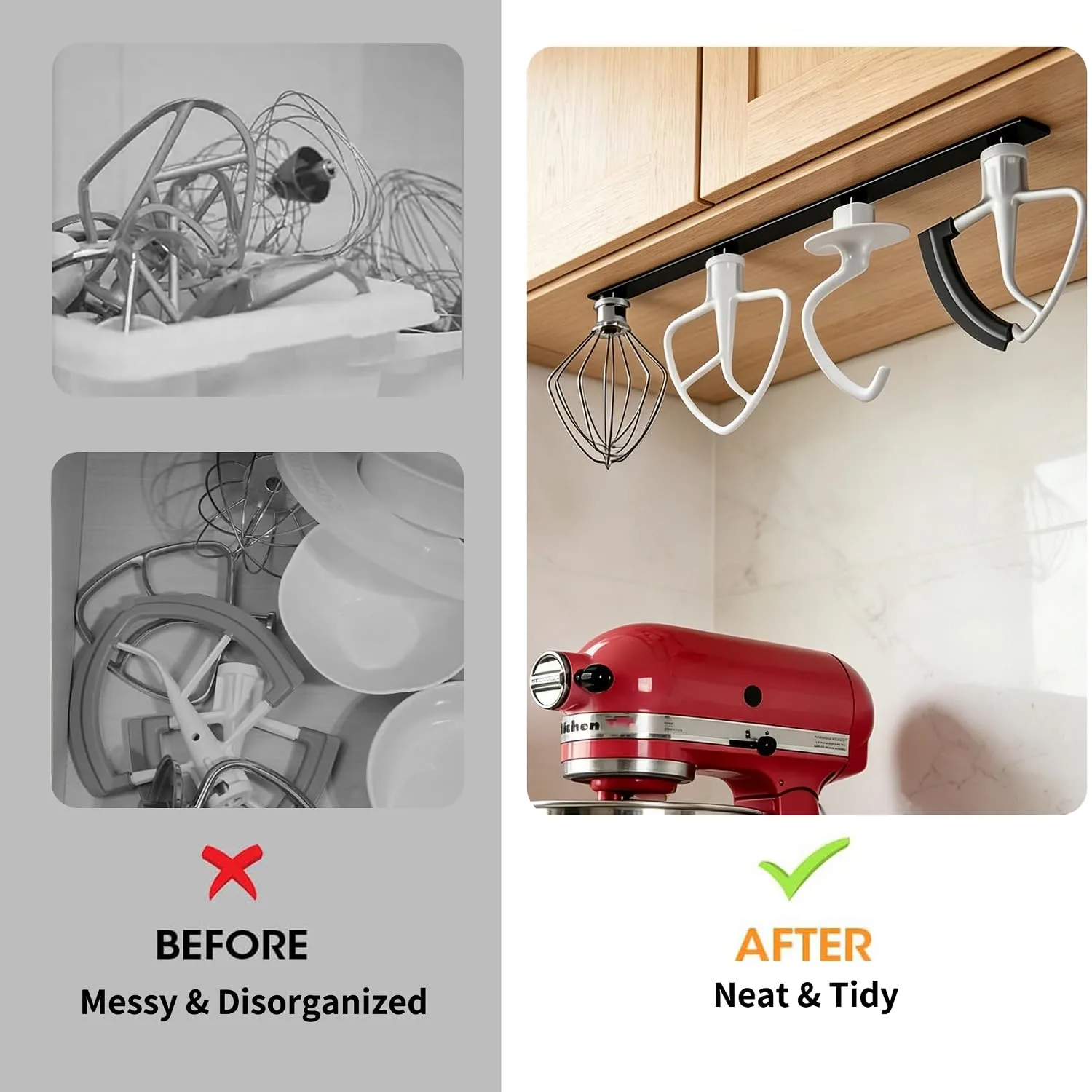 Metal Stand Mixer Attachment Holder Fits for Kitchenaid Mixer Accessories, Under Cabinet Organizers Hangers for Storage Kitchen aid Dough Hook Paddle Beater Whisk Utensil