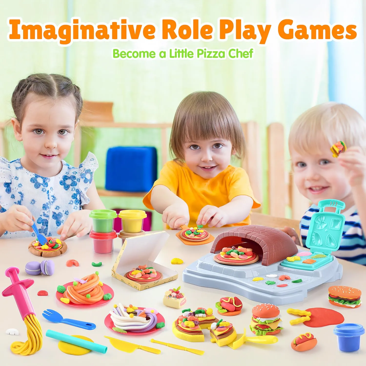 2 in 1 Color Dough Sets for Kids Ages 2-4-8, Kitchen Creations Ice Cream Pizza Maker Machine, Art Crafts Play Food Toys for 3 Year Old Girls Boys and Up, 8 Cans of Modeling Compound Dough,2 oz Cans