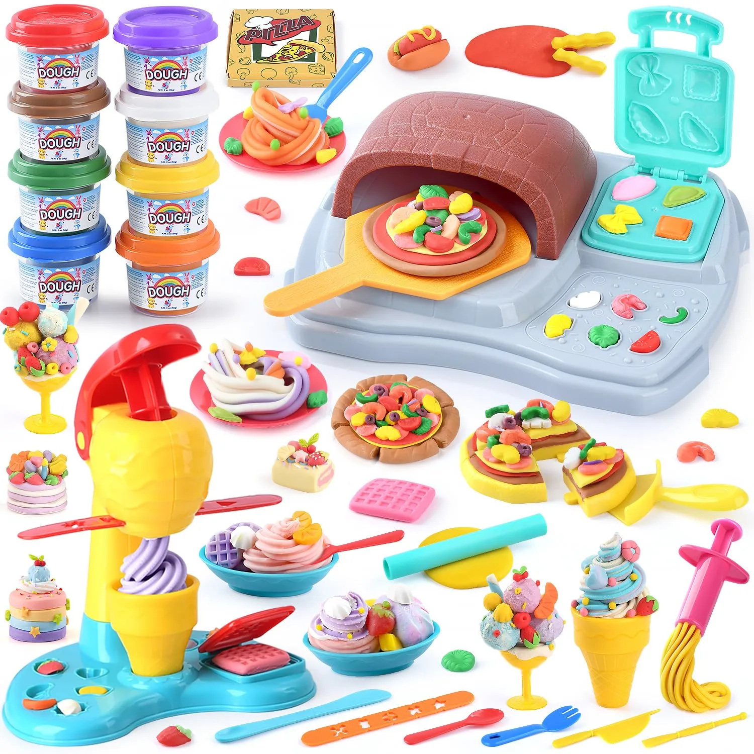 2 in 1 Color Dough Sets for Kids Ages 2-4-8, Kitchen Creations Ice Cream Pizza Maker Machine, Art Crafts Play Food Toys for 3 Year Old Girls Boys and Up, 8 Cans of Modeling Compound Dough,2 oz Cans