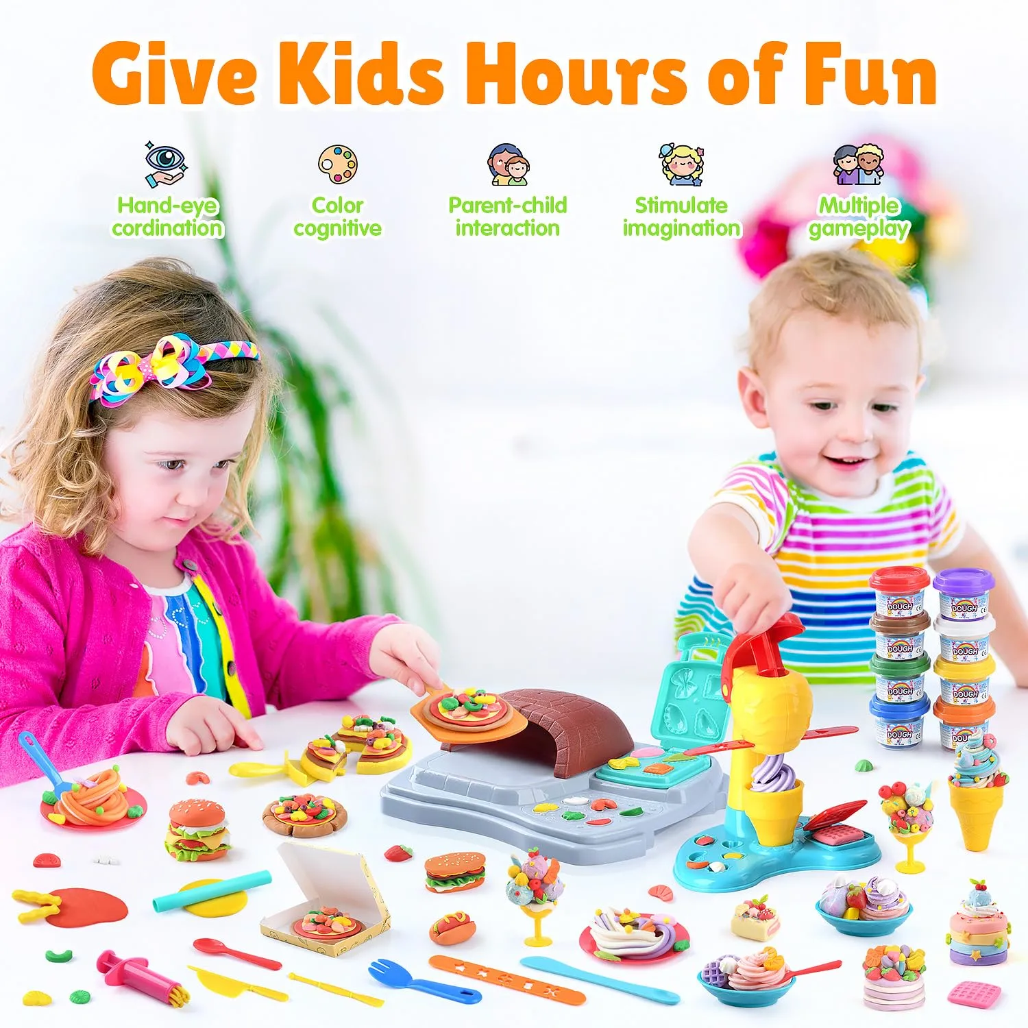 2 in 1 Color Dough Sets for Kids Ages 2-4-8, Kitchen Creations Ice Cream Pizza Maker Machine, Art Crafts Play Food Toys for 3 Year Old Girls Boys and Up, 8 Cans of Modeling Compound Dough,2 oz Cans