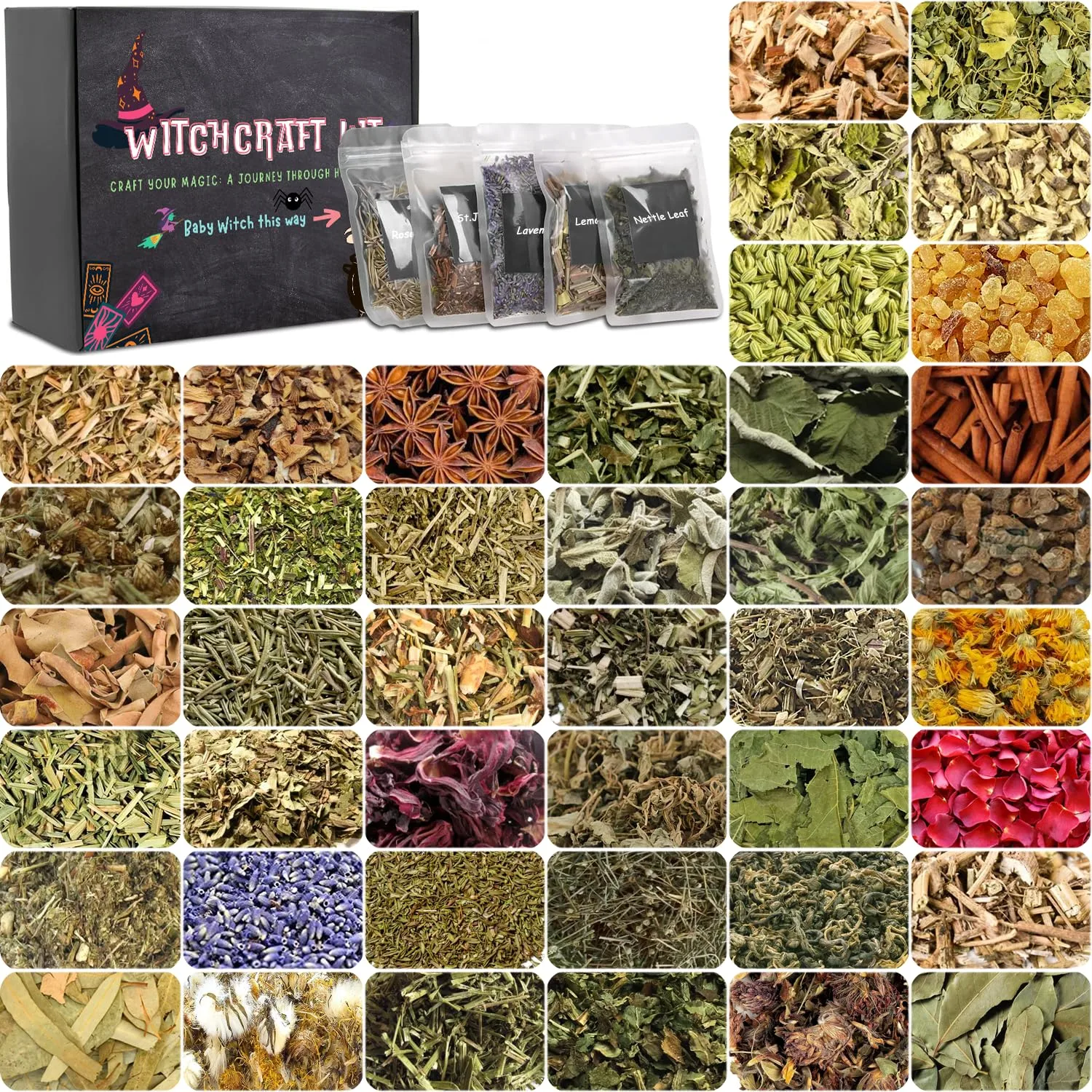42Pcs Set Dried Herbs Witchcraft Supplies kit, Witchy Herbs and Flowers Gift for Witch Beginner, Wiccan,Wicca Altar Supplies Decor, Pagan, Magic Ritual and Spell