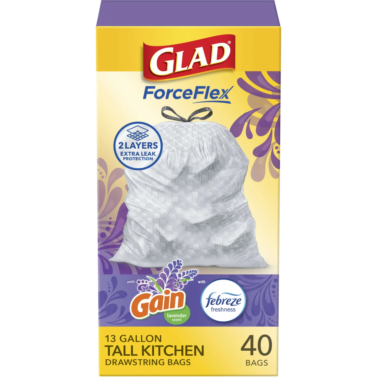 Glad ForceFlex Tall Kitchen Trash Bags, 13 Gal, Gain Lavender with Febreze, 40 Ct (Pack May Vary)