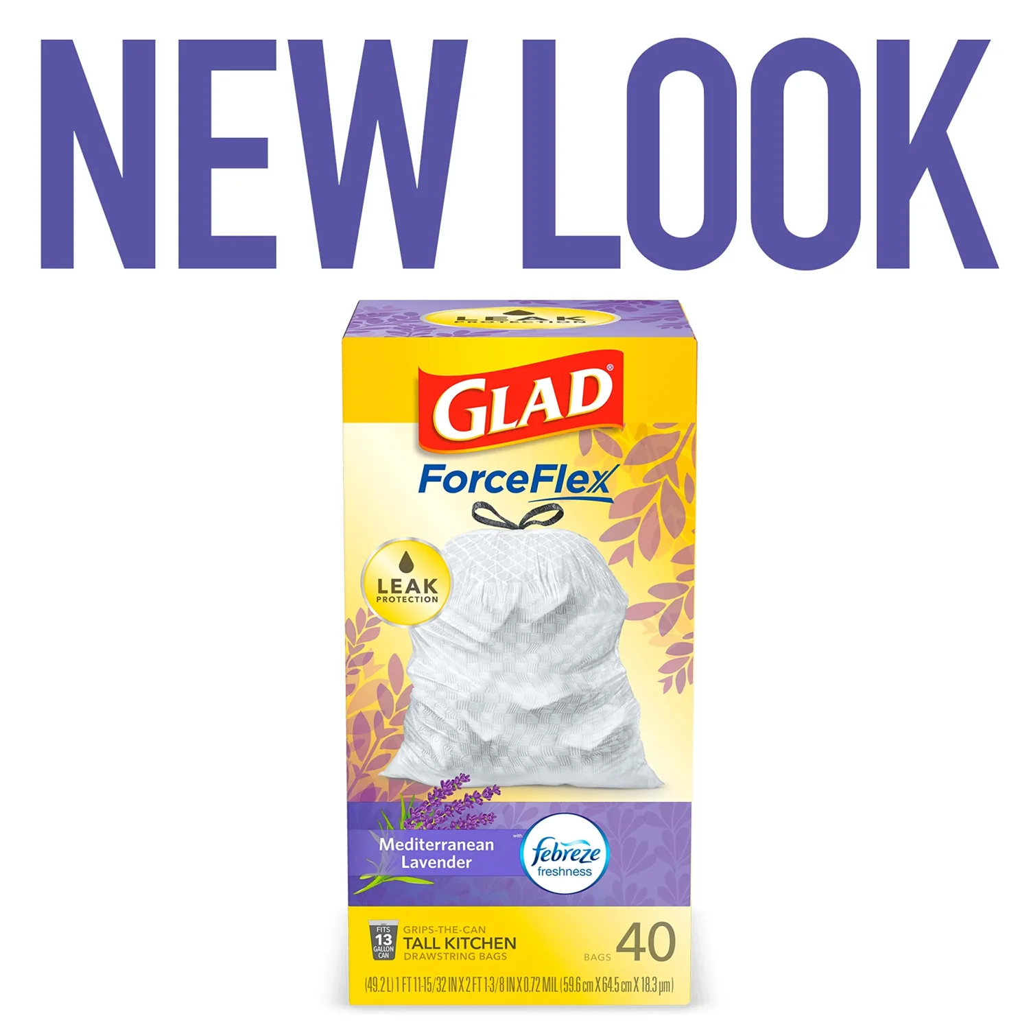 Glad Trash Bags, ForceFlex Tall Drawstring Garbage Bags, 13 Gallon White Trash Bags for Tall Kitchen Trash Can, Mediterranean Lavender with Febreze Freshness to Eliminate Odors, 40 Count (Pack of 2)