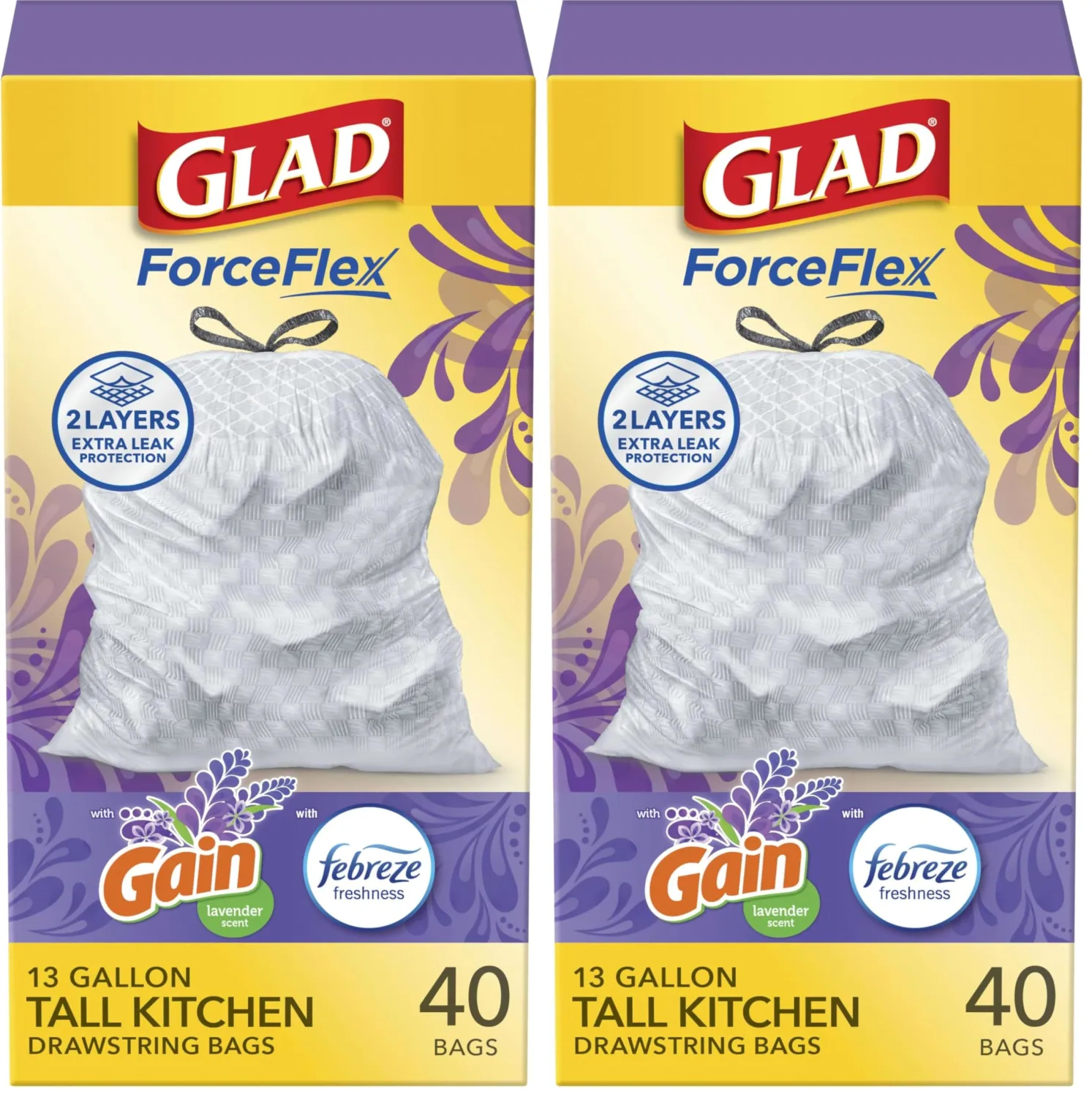 Glad Trash Bags, ForceFlex Tall Drawstring Garbage Bags, 13 Gallon White Trash Bags for Tall Kitchen Trash Can, Mediterranean Lavender with Febreze Freshness to Eliminate Odors, 40 Count (Pack of 2)